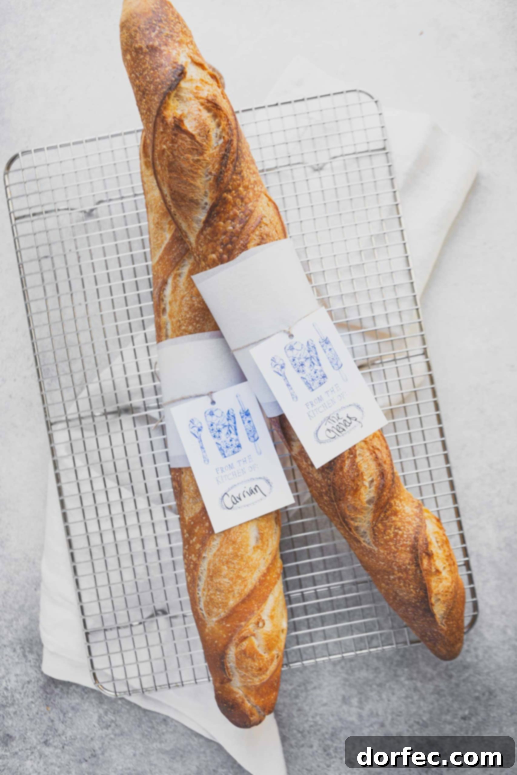 Two loaves of freshly baked baguettes with a paper tag tied around the middle.