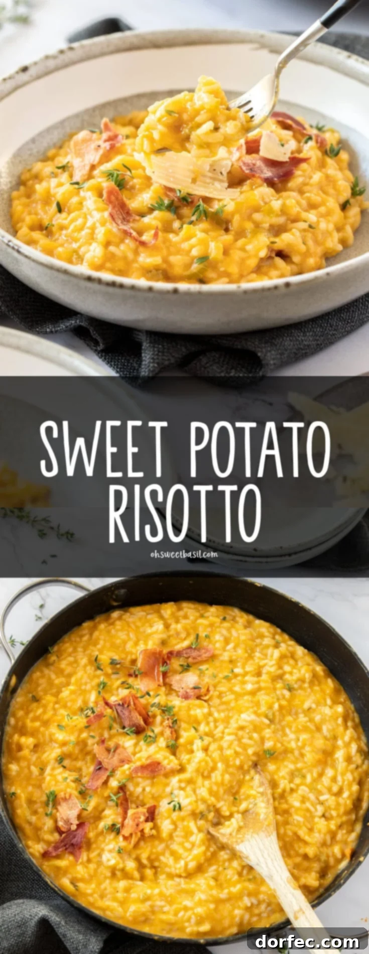 Creamy Sweet Potato Risotto 2 Creamy orange-colored sweet potato risotto in a grey bowl on a dark grey napkin, garnished with fresh herbs.