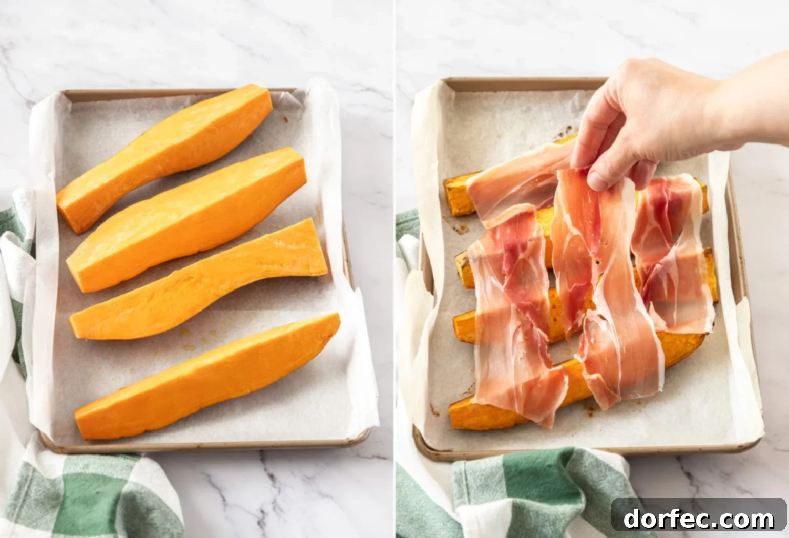 Creamy Sweet Potato Risotto 5 Quarters of sweet potato arranged on a baking tray, with slices of prosciutto being draped over them before roasting.