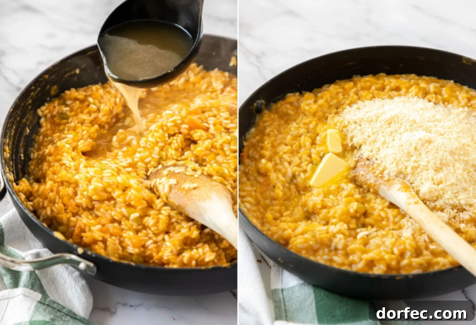 Creamy Sweet Potato Risotto 6 A large skillet containing creamy orange risotto, with stock being added from a ladle, and butter and Parmesan cheese being stirred in.