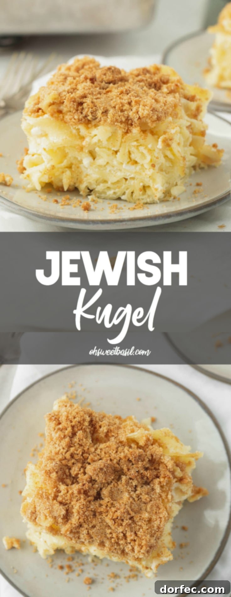 Serve Your Homemade Noodle Kugel Warm or Cold A generously sized serving of Jewish Kugel, beautifully plated and ready to be enjoyed, showcasing the soft, creamy noodles and a golden-brown, crispy topping. A full casserole dish is blurred in the background, hinting at more deliciousness.