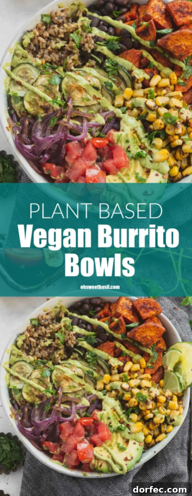 Hearty and Flavorful Plant Powered Burrito Bowls 4 A plant based, vegan burrito bowl filled with tomatoes, avocados, red onion, roasted corn, sweet potatoes, black beans and brown rice and quinoa.