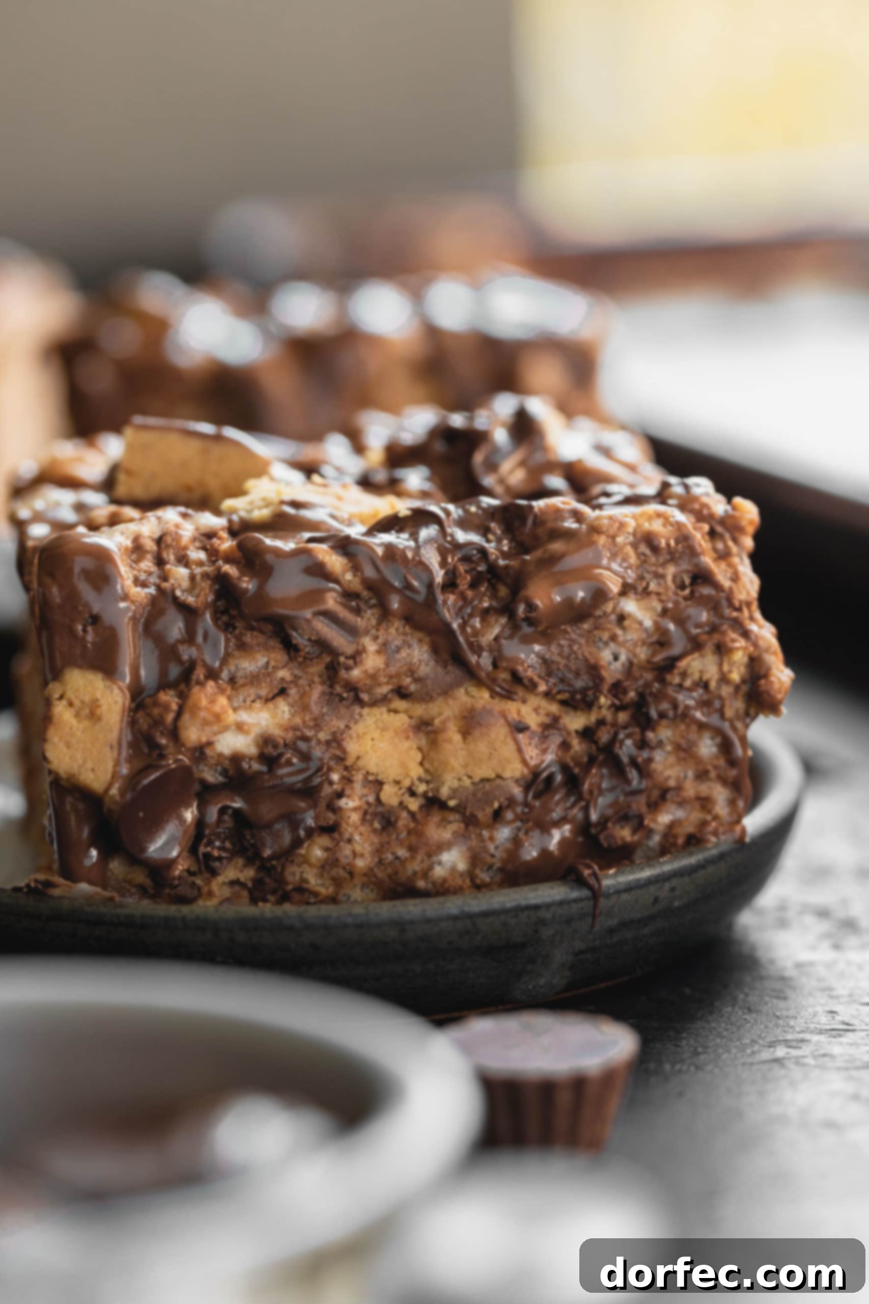 A cross-section view of a rich peanut butter Rice Krispies Treat, showcasing its gooey interior generously filled with chopped Reese's Peanut Butter Cups and soft, melted chocolate chips.