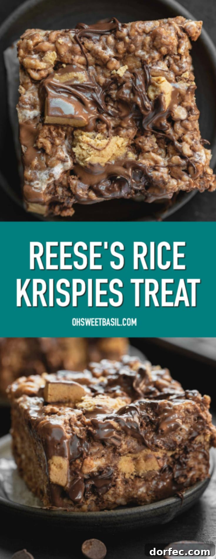 A final captivating photo of a Reese's Rice Krispies Treat, lusciously loaded with creamy peanut butter, crunchy cereal, and abundant chunks of Reese's Peanut Butter Cups and melted chocolate chips, presented on a small plate. This image is perfect for pinning and sharing the best no-bake dessert recipe.