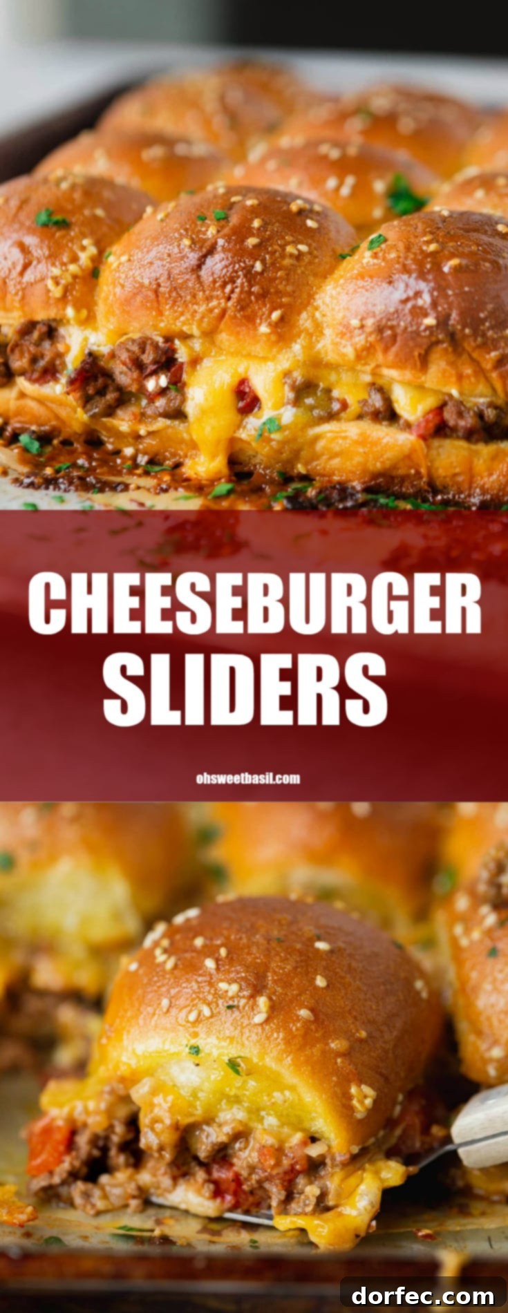 A panful of cheeseburger sliders. The cheese is oozing from the rolls and you can see ground beef and chunks of tomatoes.