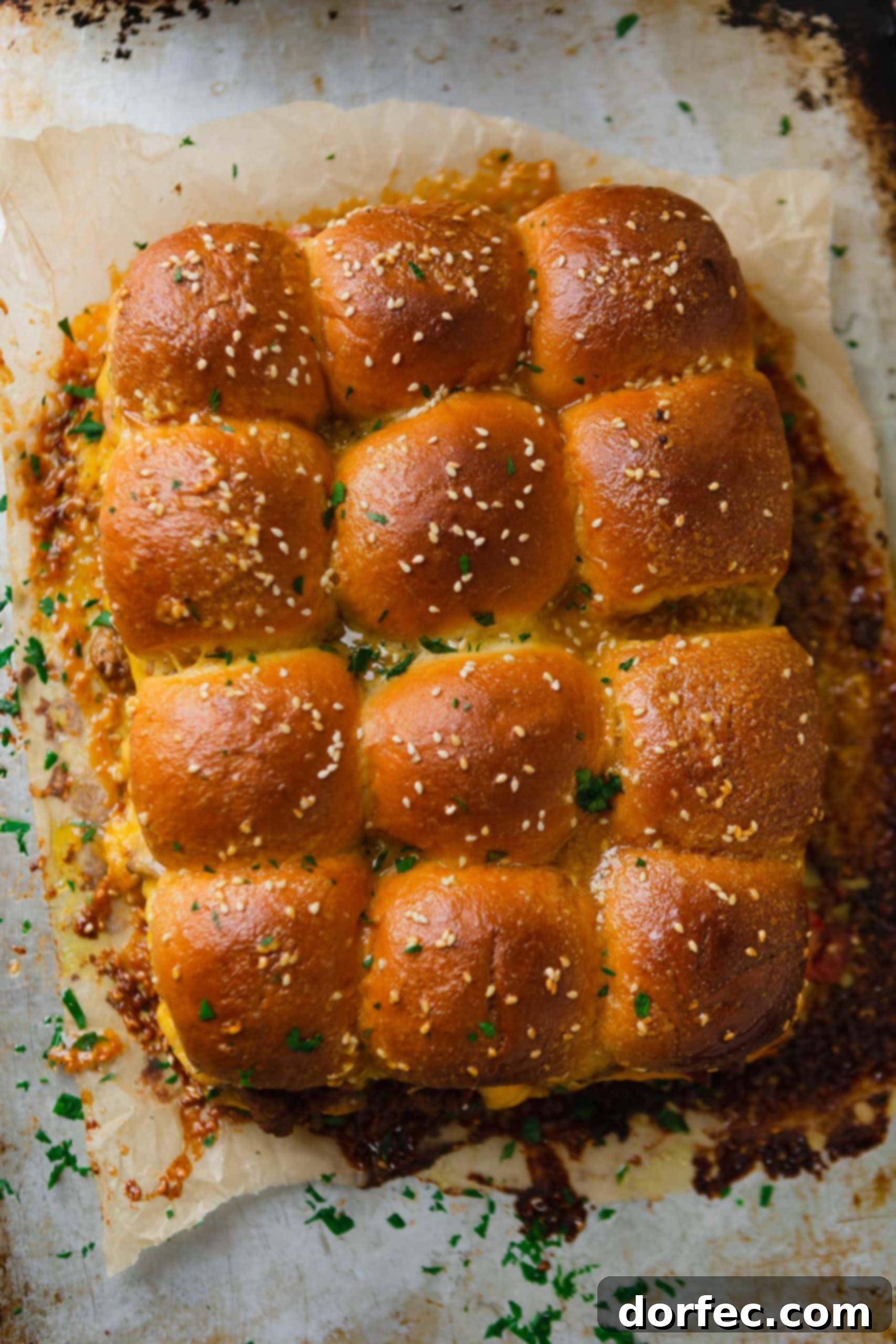 A panful of cheeseburger sliders with melted cheese oozing from the rolls, topped with sesame seeds.
