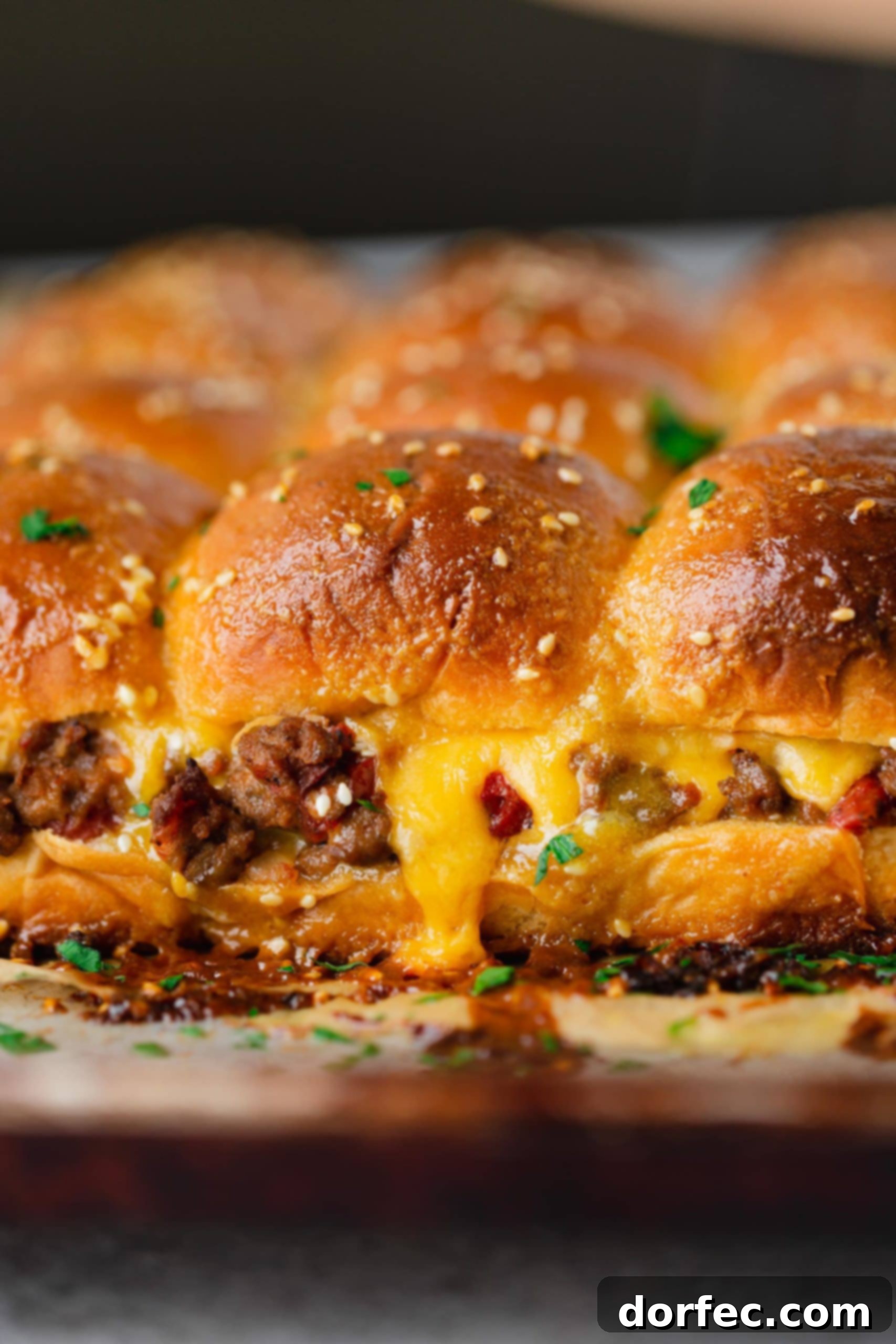 A panful of cheeseburger sliders with ground beef, chopped tomatoes, melted cheese, sesame seeds, and sauce on the buns.