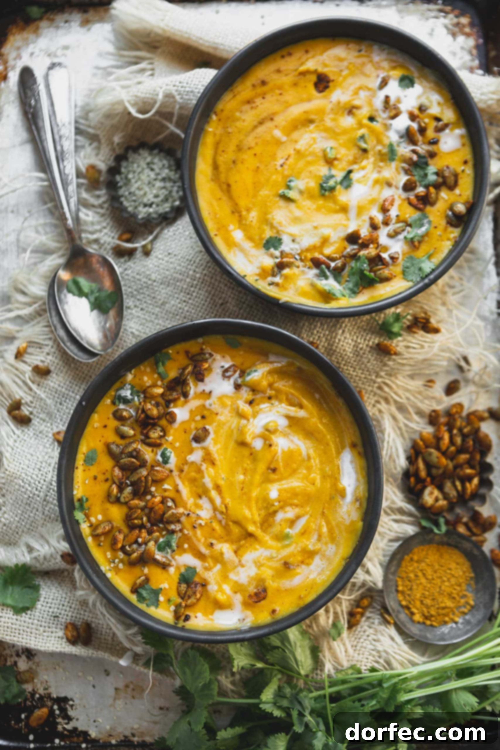Two bowls of inviting vegan butternut squash soup, elegantly topped with fresh cilantro and toasted hemp seeds. A spoon rests beside the bowls, with scattered hemp seeds and cilantro adorning the table.