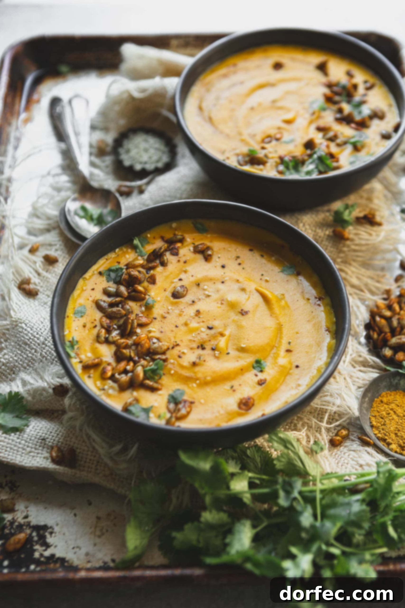 A bowl of vegan butternut squash soup topped with cilantro and hemp seeds. Another bowl of soup is in the background, creating a cozy and inviting scene.