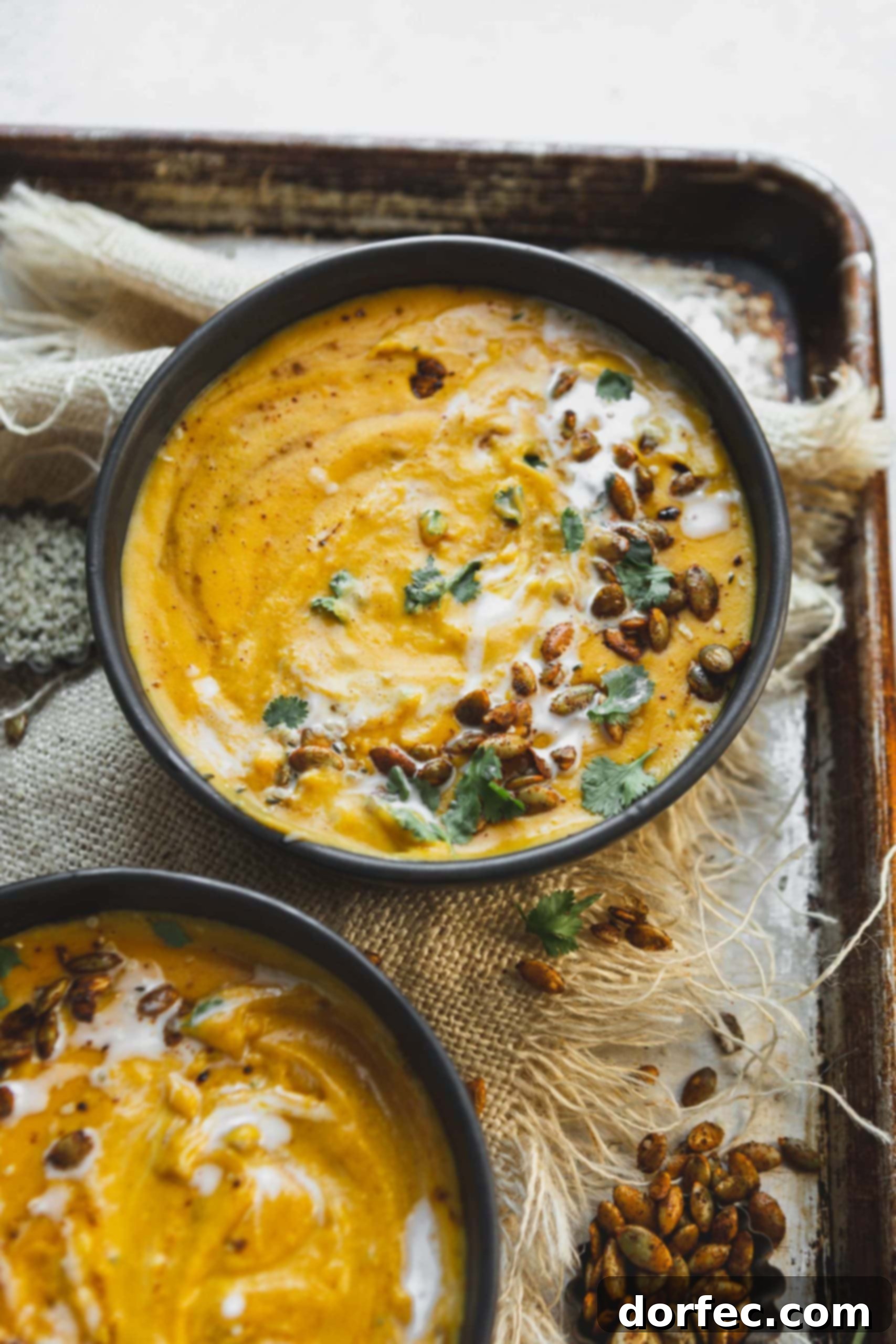 A bowl of bright yellow vegan butternut squash soup, generously topped with fresh cilantro and roasted hemp seeds. Another bowl sits in the foreground, ready to be enjoyed.