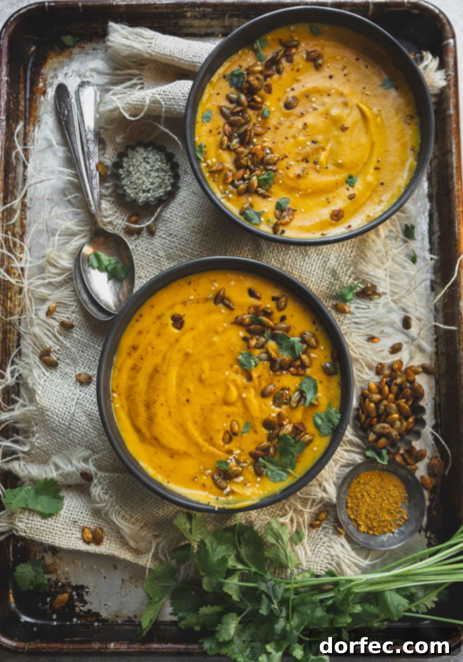 Two cozy bowls of butternut squash soup, beautifully garnished with cilantro and hemp seeds. A spoon rests invitingly next to the bowls, emphasizing the comfort of the meal.