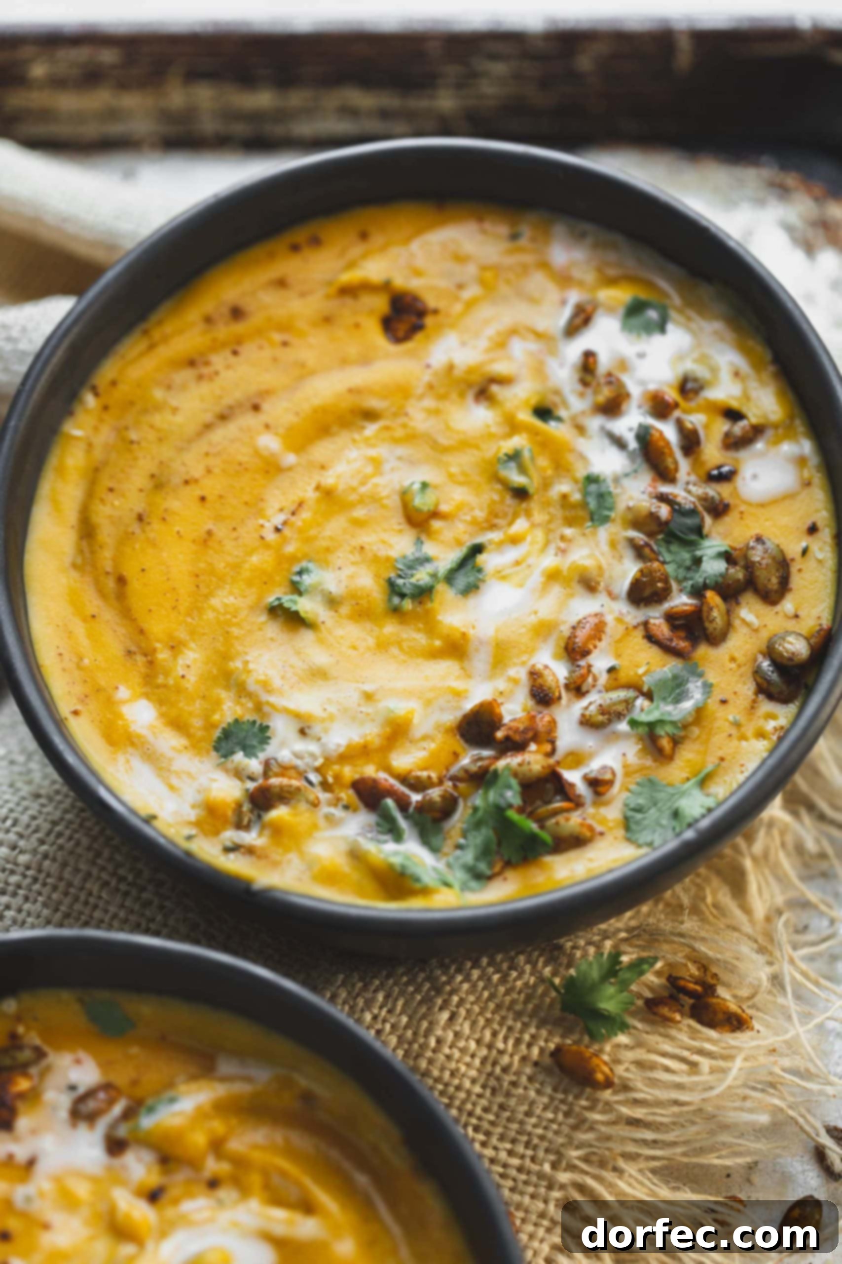 A bowl of rich, bright yellow vegan butternut squash soup, thick and creamy, topped with fresh cilantro and perfectly roasted hemp seeds.