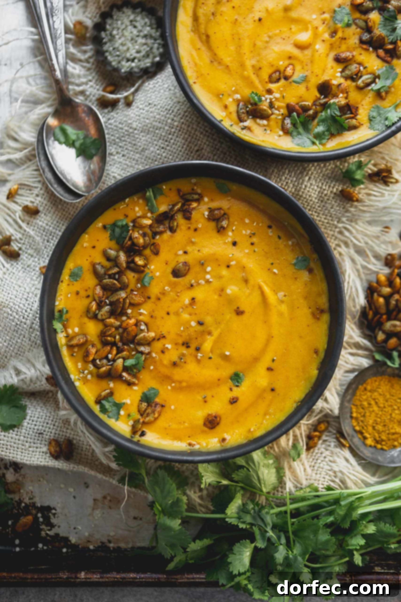 A bowl of vibrant vegan butternut squash soup, garnished with cilantro and hemp seeds. A spoon and another bowl of soup are visible in the background, completing the inviting composition.