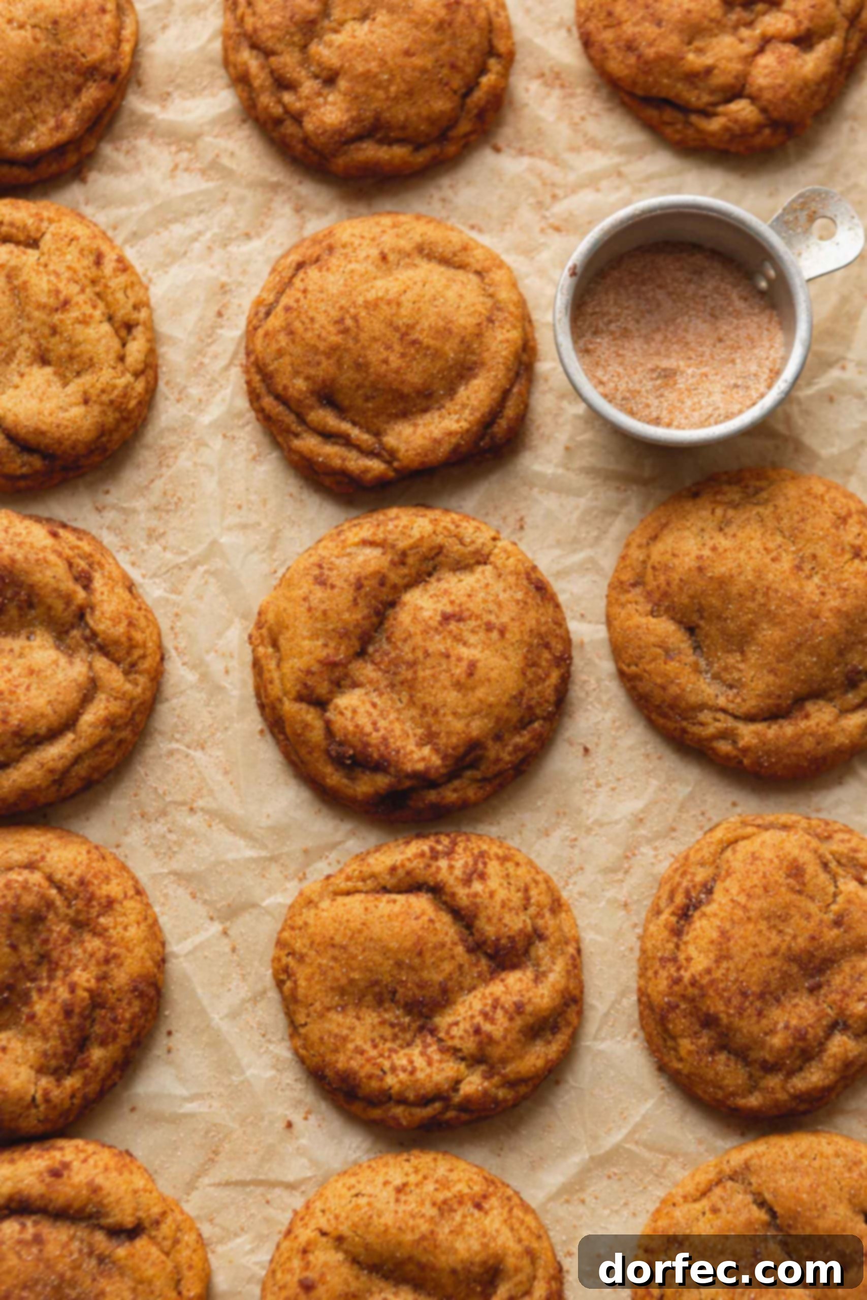 Three rows of perfectly baked chewy pumpkin cookies, glistening with cinnamon sugar, next to a small bowl of the topping.