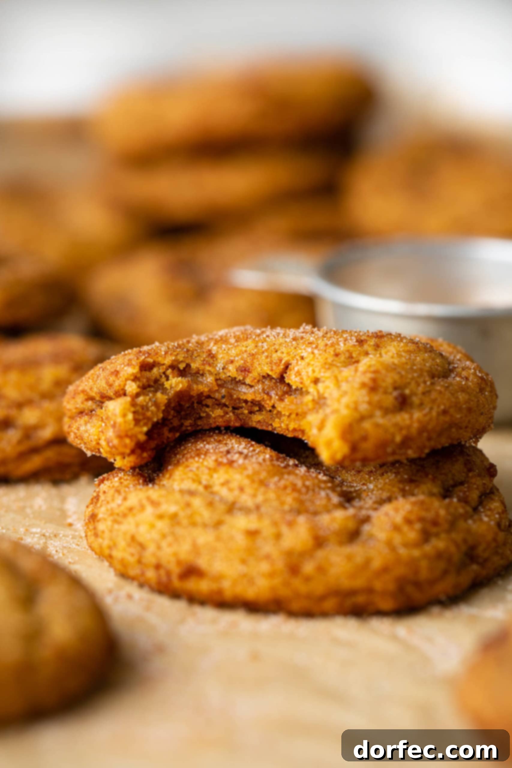 Two thick and chewy pumpkin cookies stacked with a bite taken out of the top one, revealing a moist interior, garnished with cinnamon sugar.