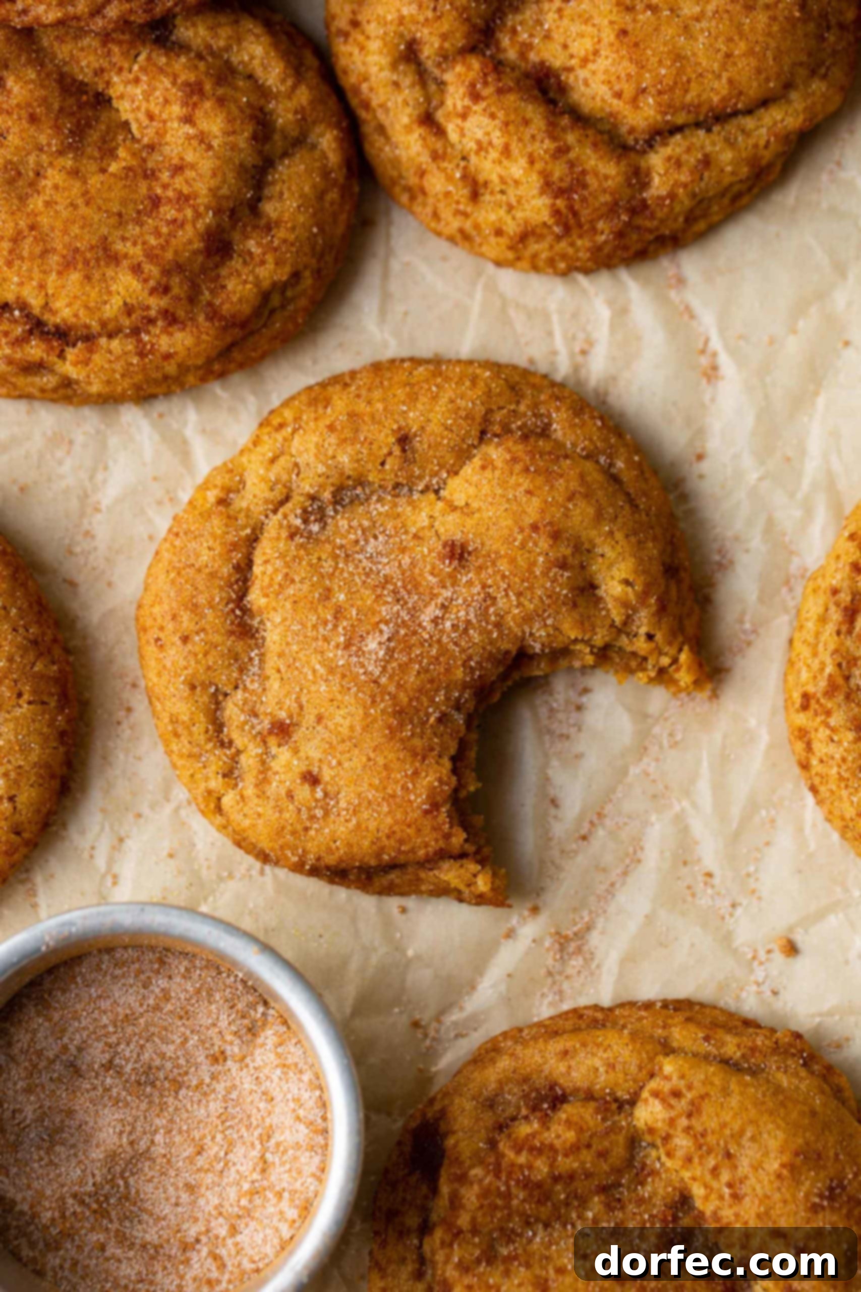 A single chewy pumpkin cookie with a bite missing, showcasing its dense, soft interior and the browned butter and maple flavors.