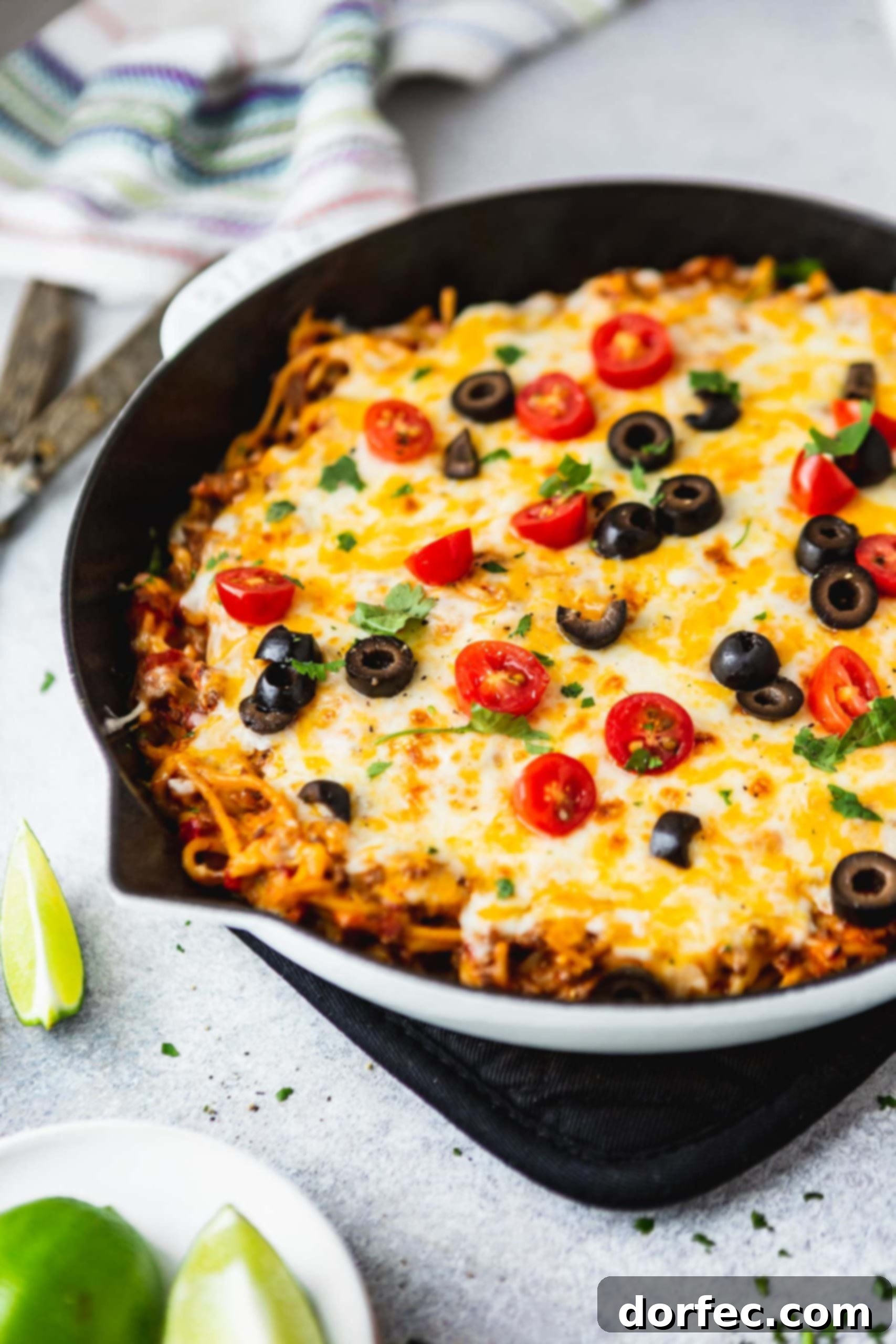 One Pot Cheesy Ground Beef Taco Spaghetti A cast iron skillet filled with cheesy ground beef taco spaghetti. There is melted cheese, olives, green onions, tomatoes and cilantro on top and a lime wedge is next to the skillet.