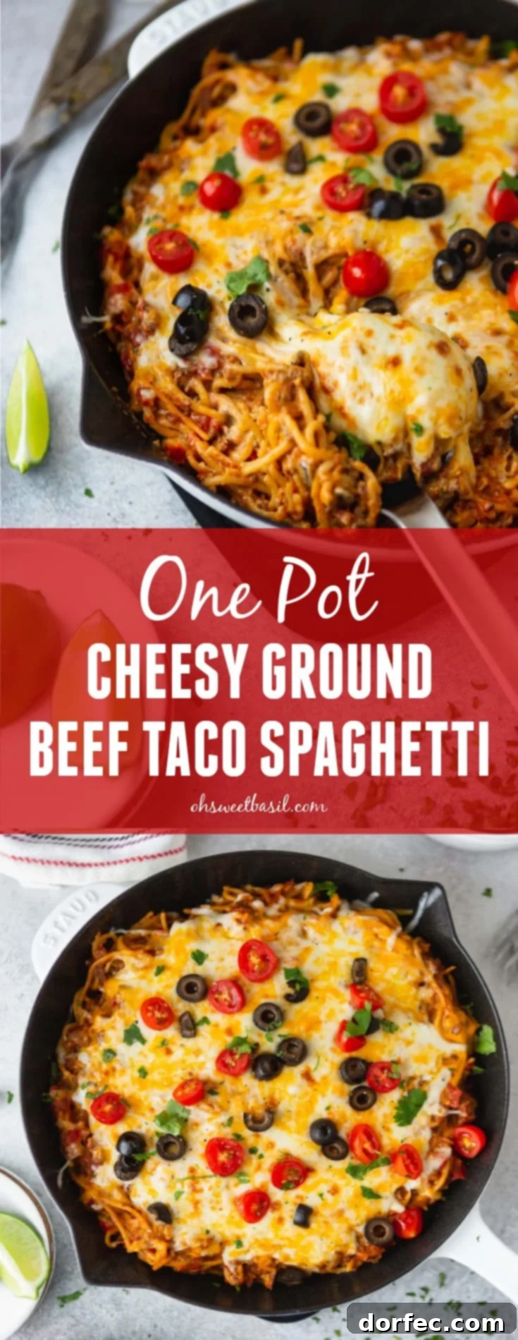 Cheesy Fiesta Spaghetti Skillet 3 A cast iron skillet filled with cheesy ground beef taco spaghetti. A serving spoon is in the spaghetti and the dish is topped with melted cheese, tomatoes, olives, green onion and cilantro. Lime wedges are on the table next to the skillet.