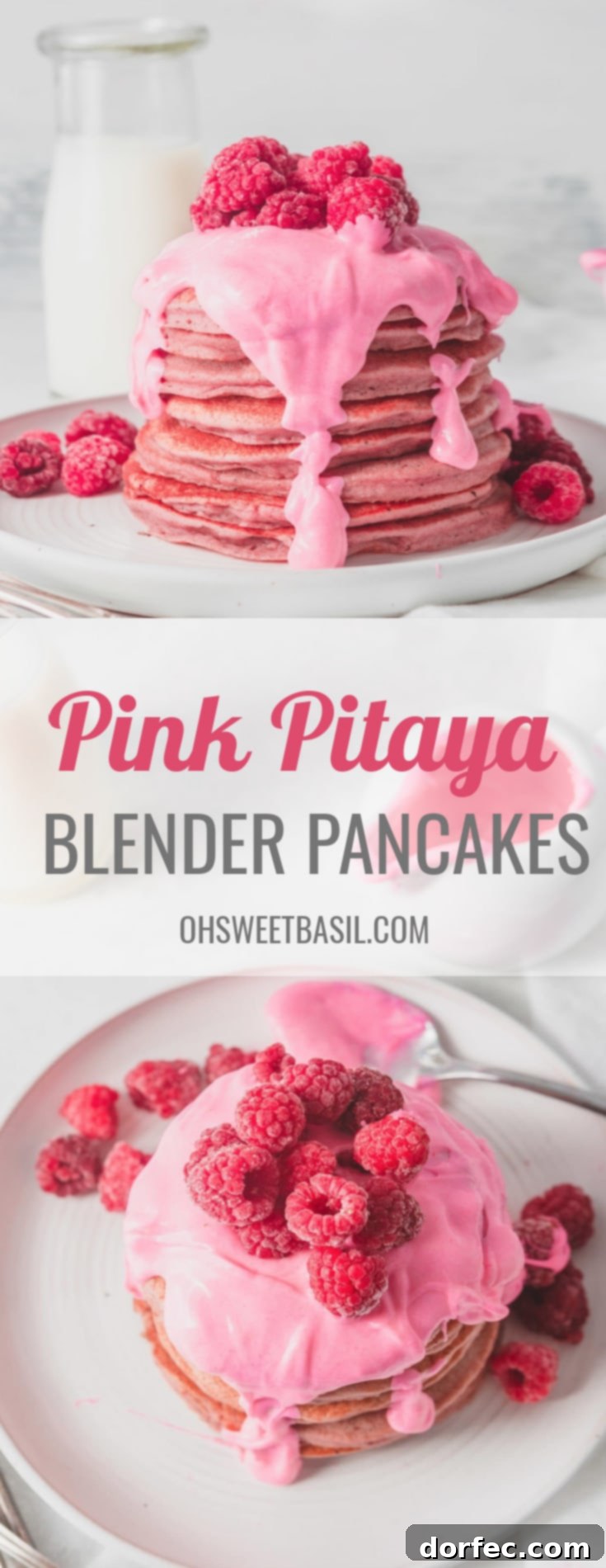 Vibrant Dragon Fruit Blender Pancakes 3 A large stack of pink pitaya pancakes with a thick pink chocolate sauce poured over the top. There are fresh raspberries on top of the sauce and raspberries on the plate around the pancakes.