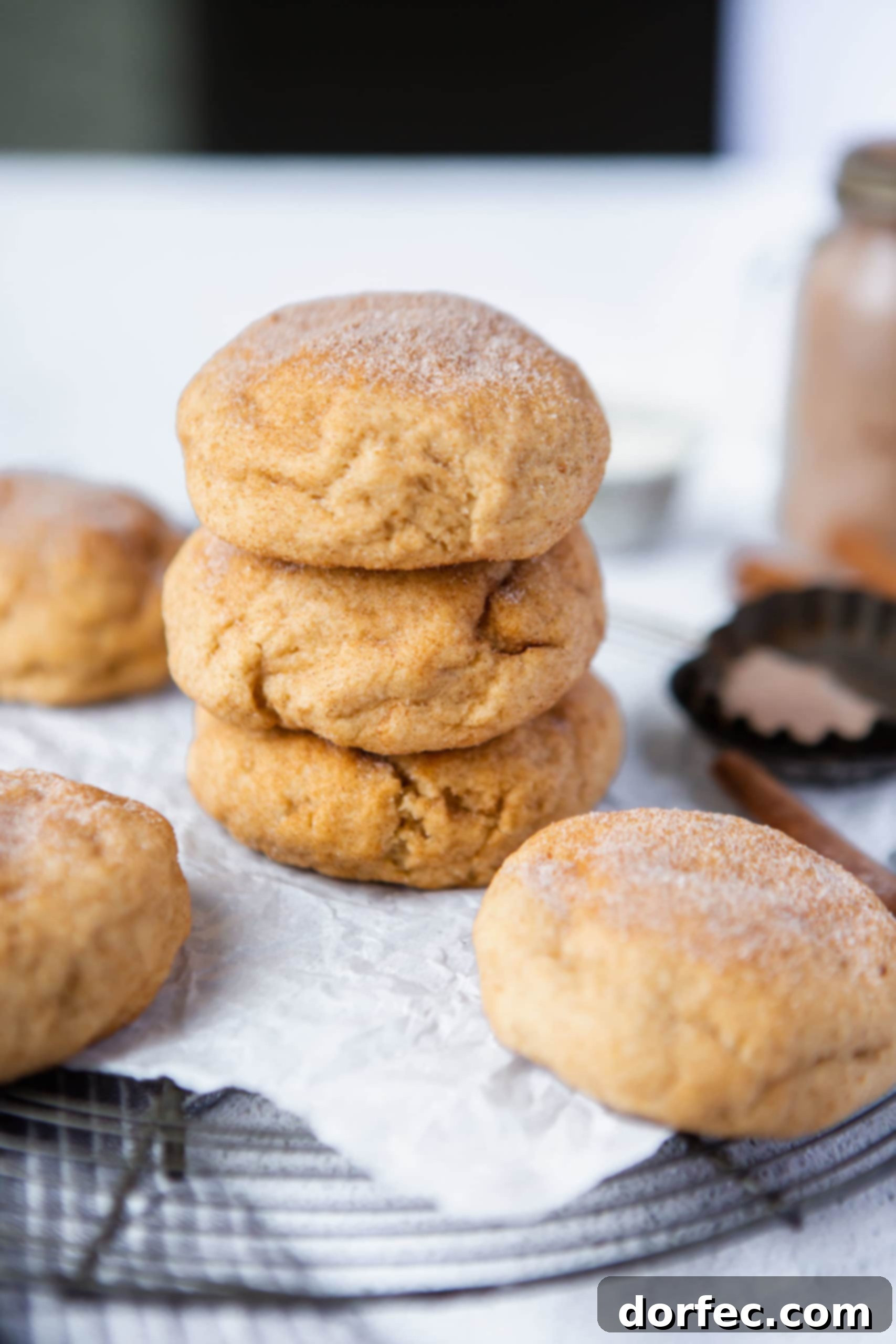Thick Snickerdoodle Cookies Three thick, fat snickerdoodles stacked on top of each other. There are more snickerdoodles in the picture too.