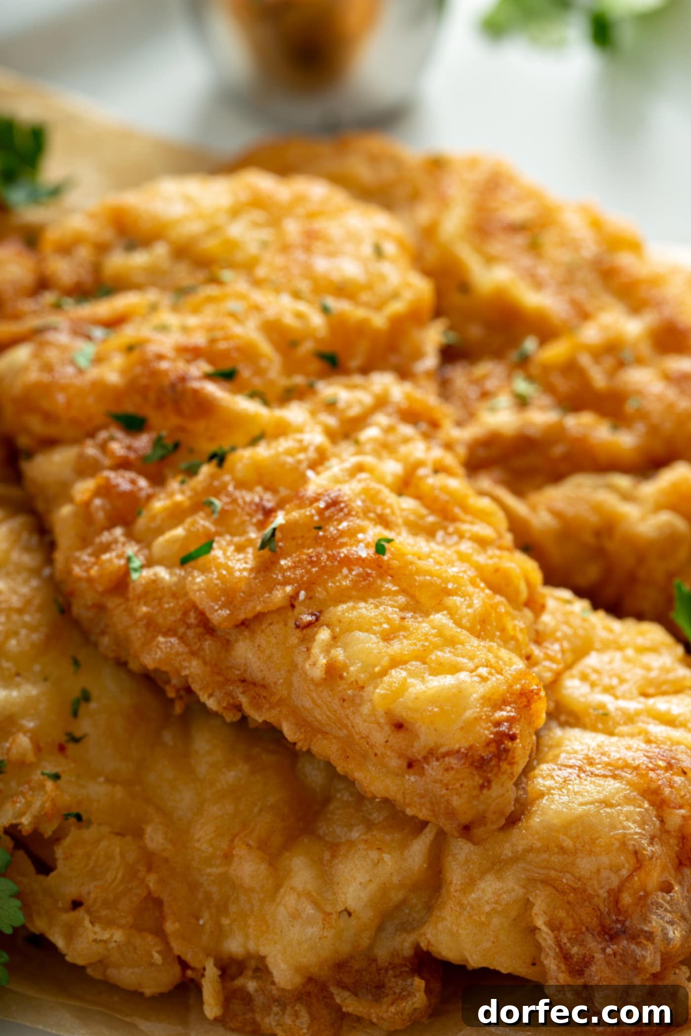 Authentic Southern Crispy Fried Chicken 12 A close-up of chicken that has been cooked to a perfect golden brown.