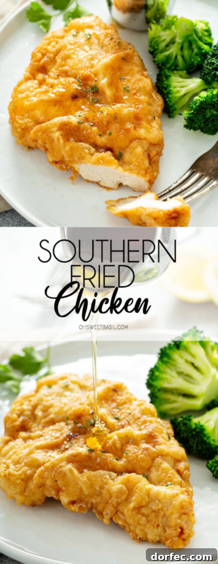 Authentic Southern Crispy Fried Chicken 14 A white dinner plate containing golden brown fried chicken with broccoli and a silver container of dipping sauce on the side. There is a fork with a slice of chicken on it, resting on the plate.