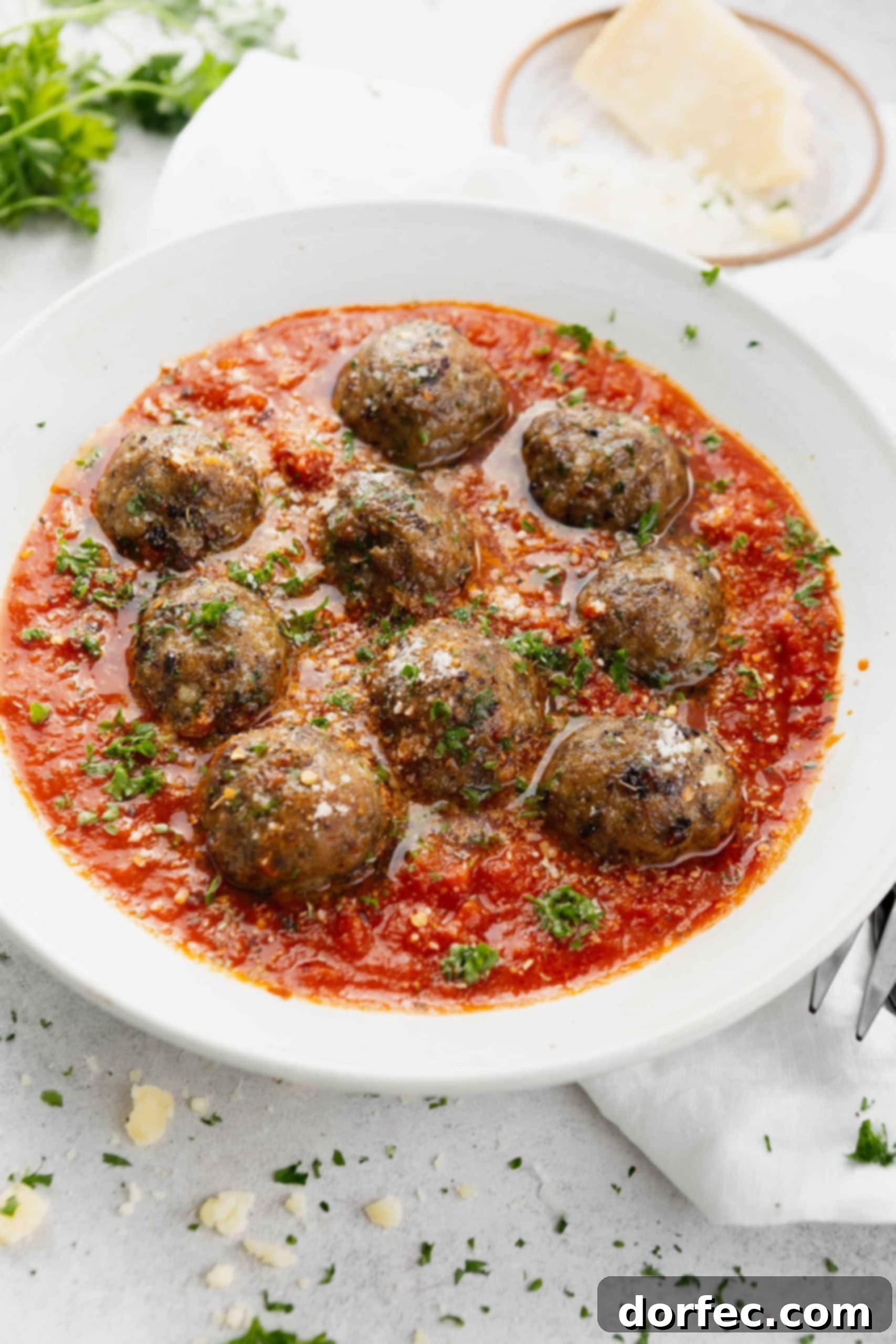 A beautifully presented bowl of meatballs in a rich, vibrant tomato sauce, garnished with fresh chopped parsley.
