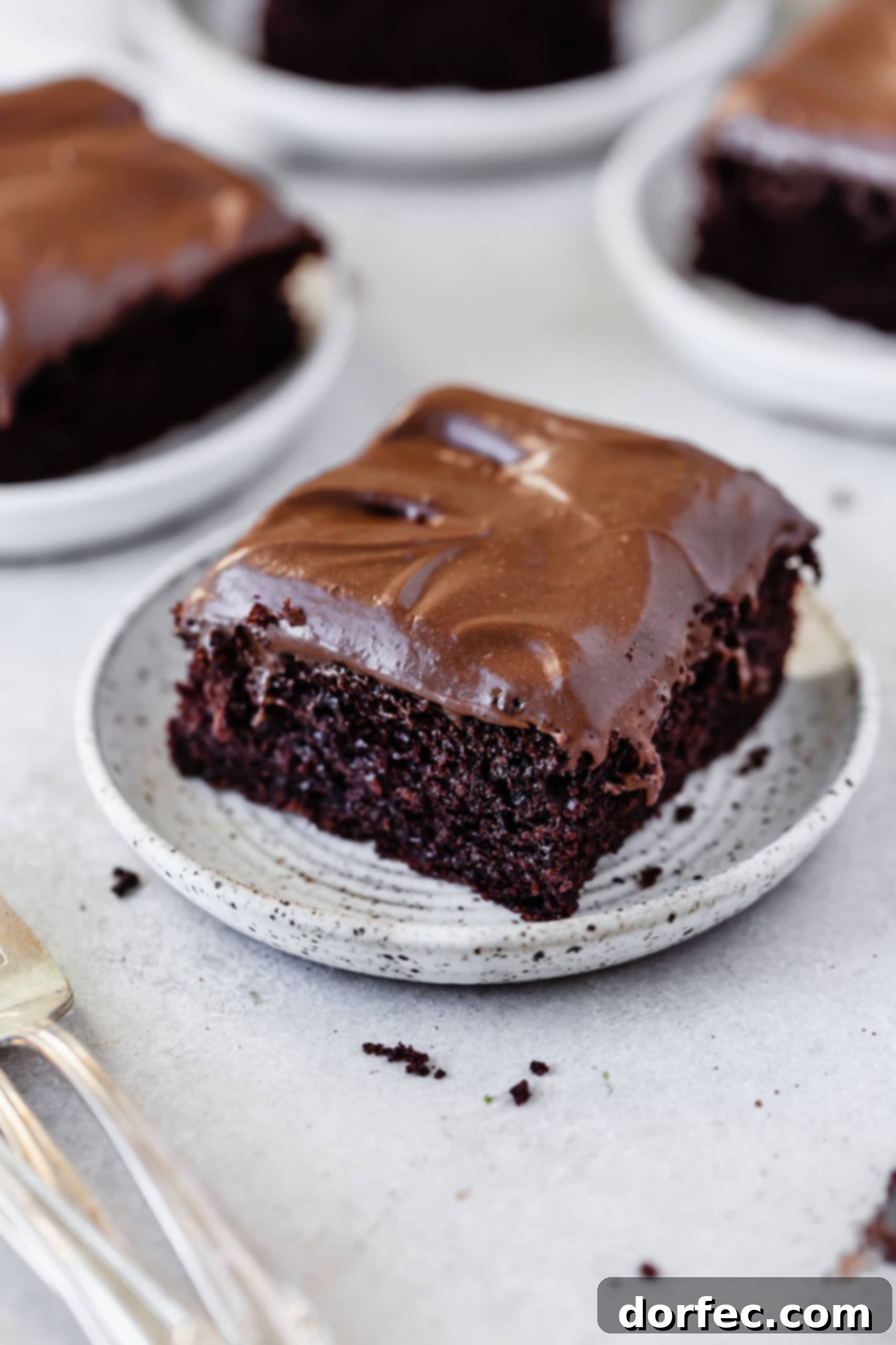 Chocolate Mayonnaise Cake A slice of rich chocolate mayonnaise cake topped with creamy chocolate cream cheese frosting, served on a white dessert plate. Two more plates with cake are blurred in the background, suggesting a delightful gathering.