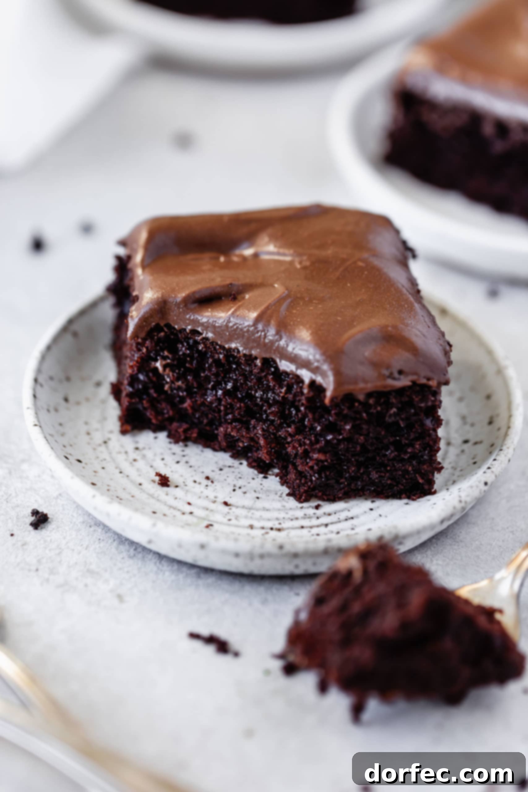 Chocolate Mayonnaise Cake A delicious slice of chocolate mayonnaise cake with a bite taken out, showcasing its moist texture and generous layer of chocolate cream cheese frosting. Other servings of cake are visible in the background.