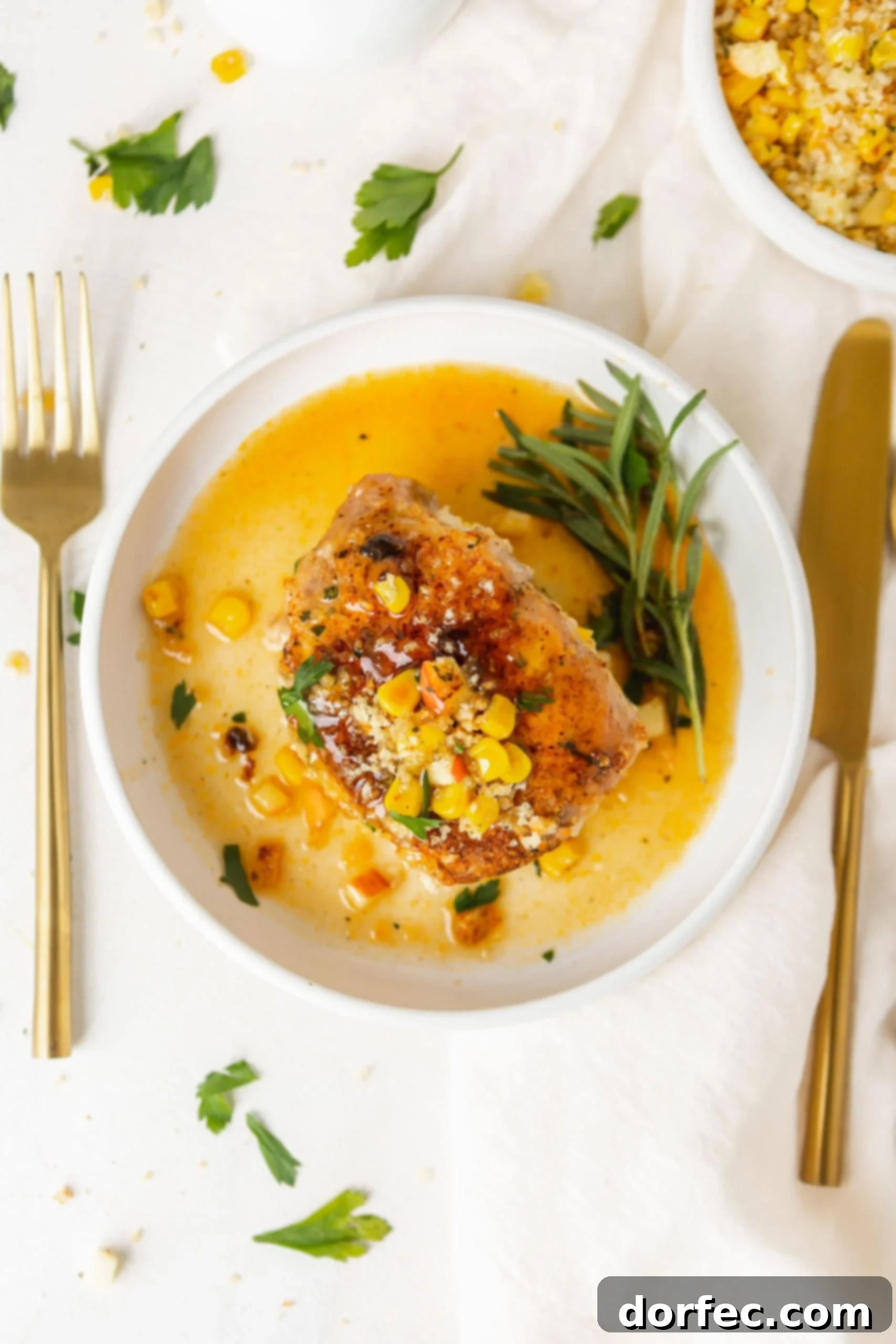 A beautifully presented stuffed pork chop on a dinner plate, surrounded by a light golden sauce. Scattered bits of the delicious stuffing lie in the sauce, accompanied by a knife and fork.