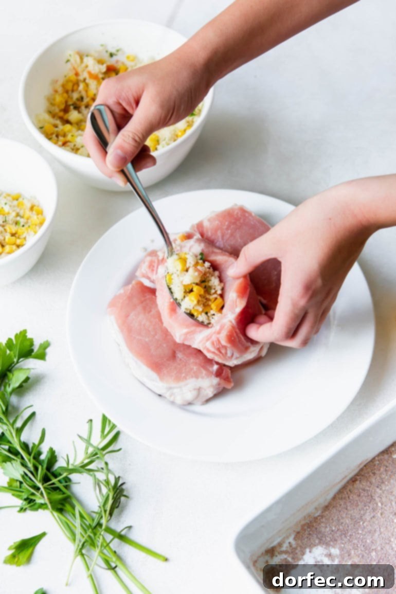 Uncooked pork chops ready for preparation. One pork chop is shown with a pocket cut, and a spoonful of stuffing is being placed inside. Fresh sage and a bowl of bread crumbs are visible nearby.