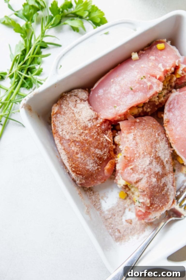 Four beautifully stuffed pork chops neatly arranged in a baking dish, ready for the oven.