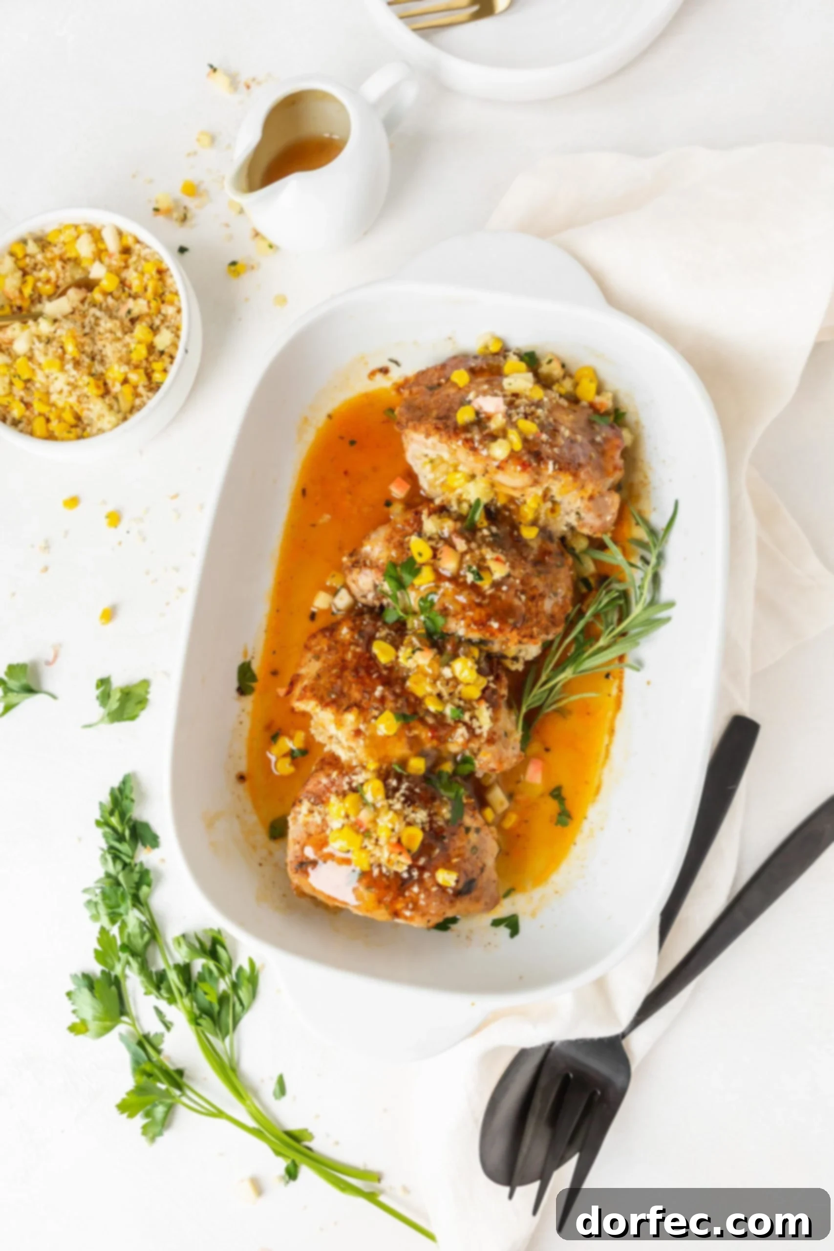 A beautiful serving platter featuring several stuffed pork chops, generously drizzled with a rich sauce. Fresh sage leaves and a small bowl of crispy stuffing are arranged alongside the platter.