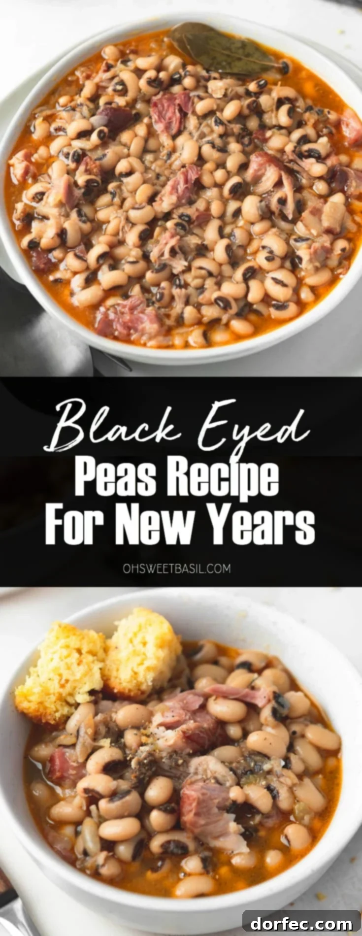 A high-angle shot of a rustic bowl filled with steaming southern black eyed peas, perfectly positioned on a saucer. A fork and spoon are placed neatly beside the bowl. In the background, a warm plate of cornbread awaits, completing this classic comfort meal. The lighting emphasizes the freshness and inviting nature of the dish.