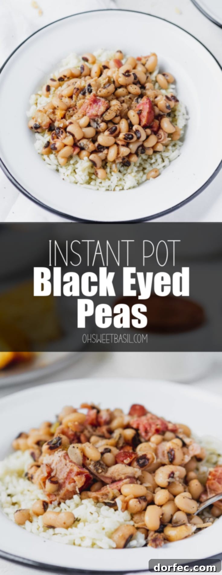 Easy Instant Pot Black Eyed Peas 2 A plate of southern Instant Pot black eyed peas over rice. There are chunks of ham in the peas and a plate of cornbread in the background.