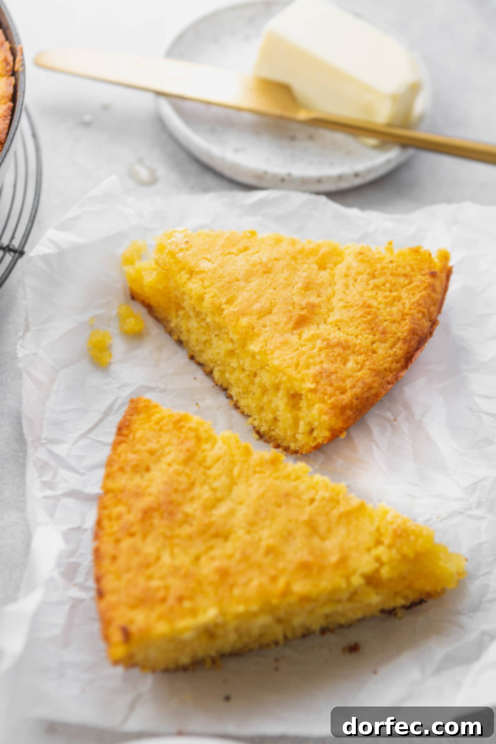 Cast Iron Cornbread Perfection 2 Two slices of Southern skillet cornbread, showcasing its golden-brown crust and moist interior.