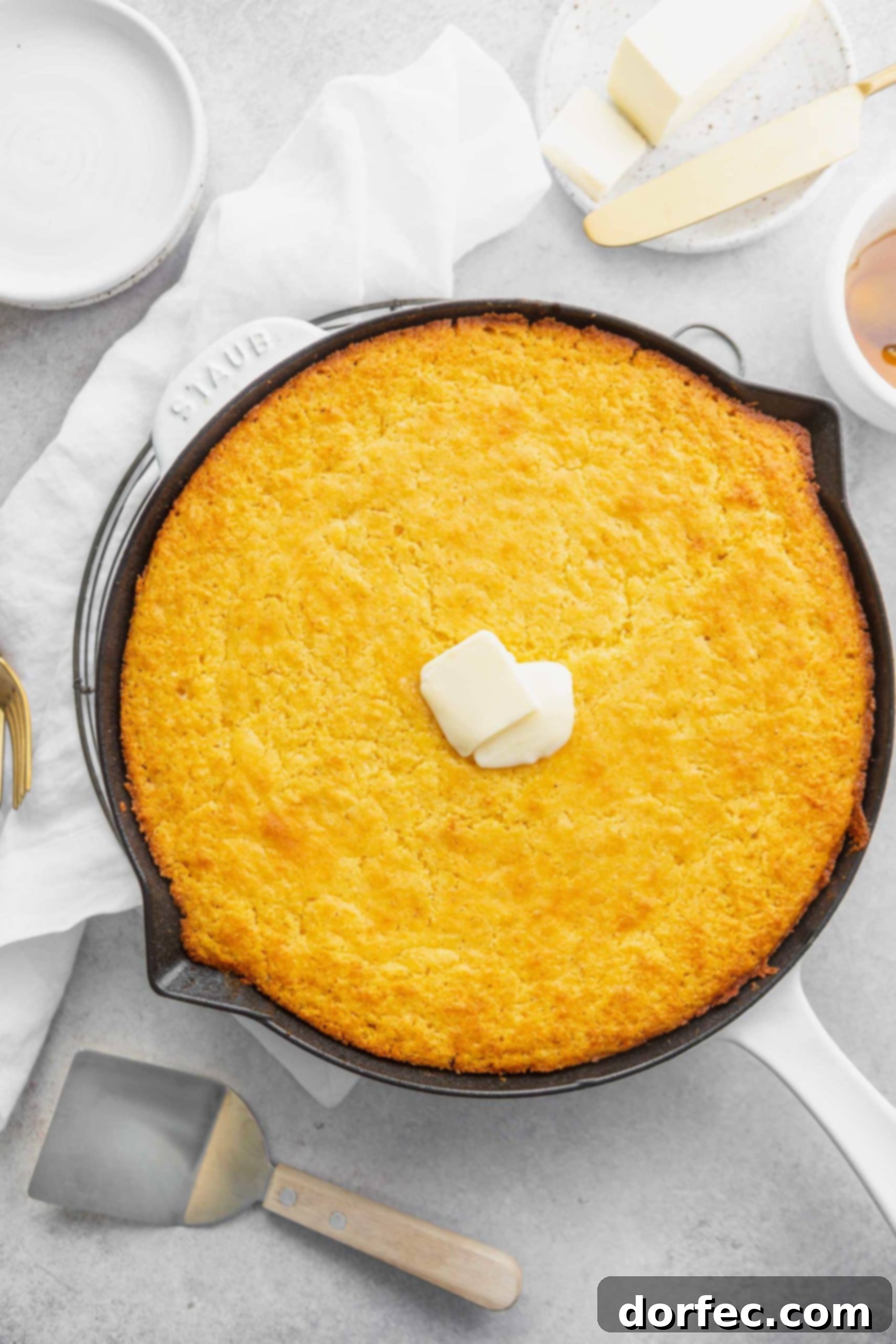 Cast Iron Cornbread Perfection 3 A cast iron skillet filled with freshly baked, golden-brown cornbread, garnished with two small pats of melting butter in the center.