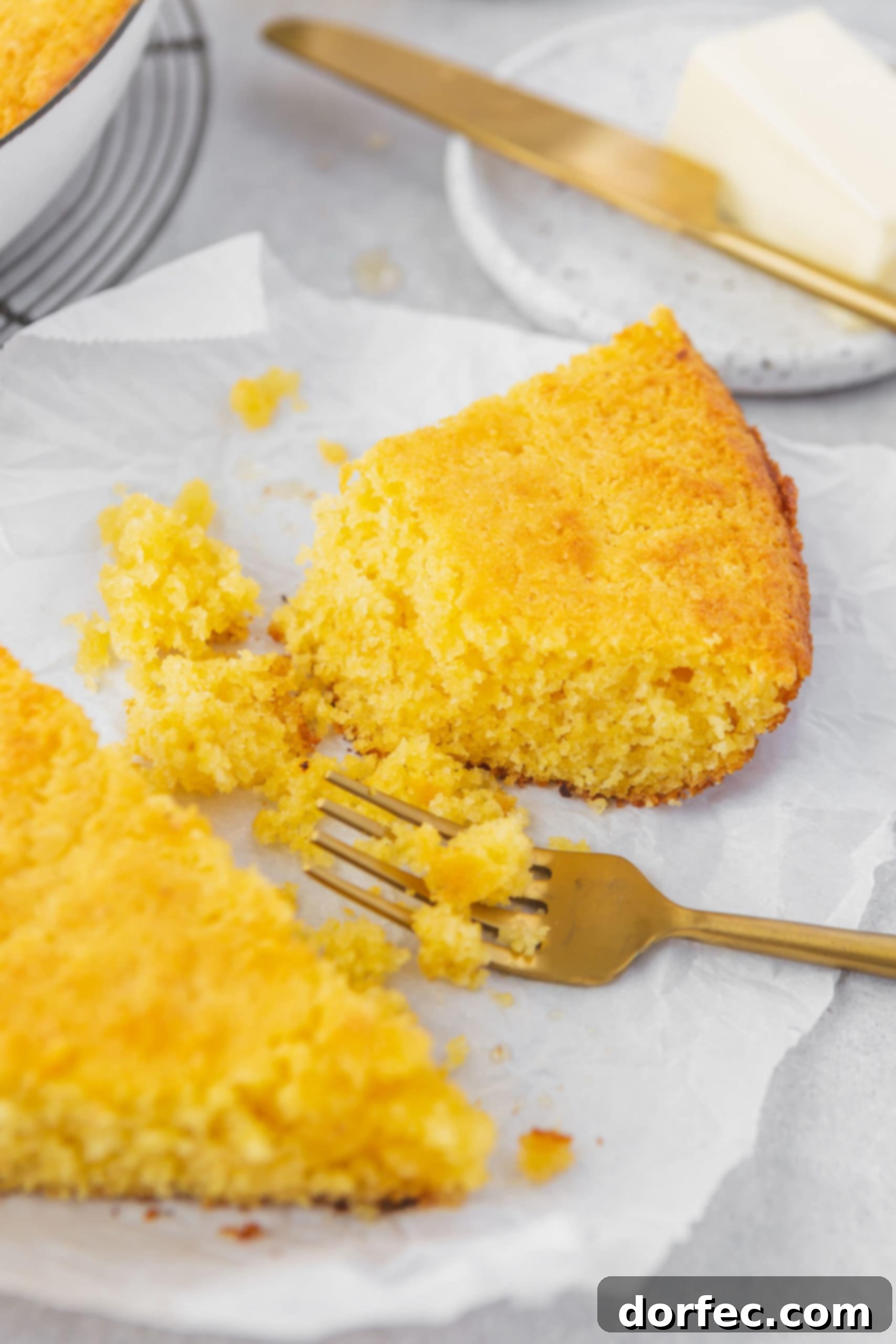 Cast Iron Cornbread Perfection 4 A partially eaten slice of Southern cornbread next to a fork, with another piece in the background, highlighting its rustic texture.