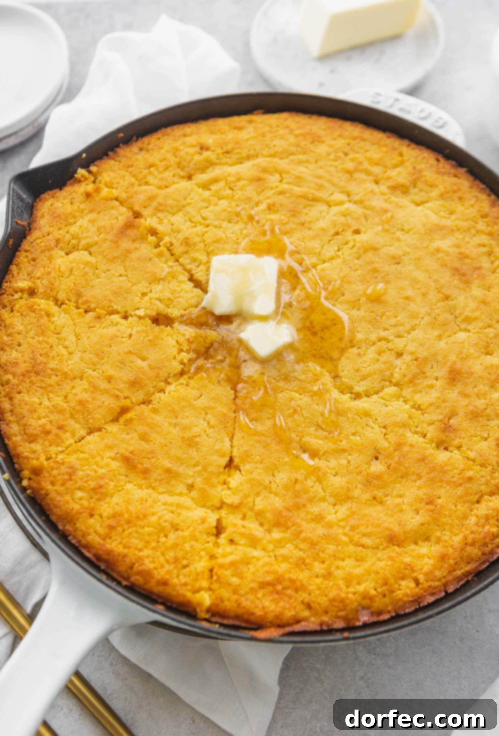 Cast Iron Cornbread Perfection 5 A cast iron skillet of baked cornbread, sliced into wedges, with two melting pats of butter on top.