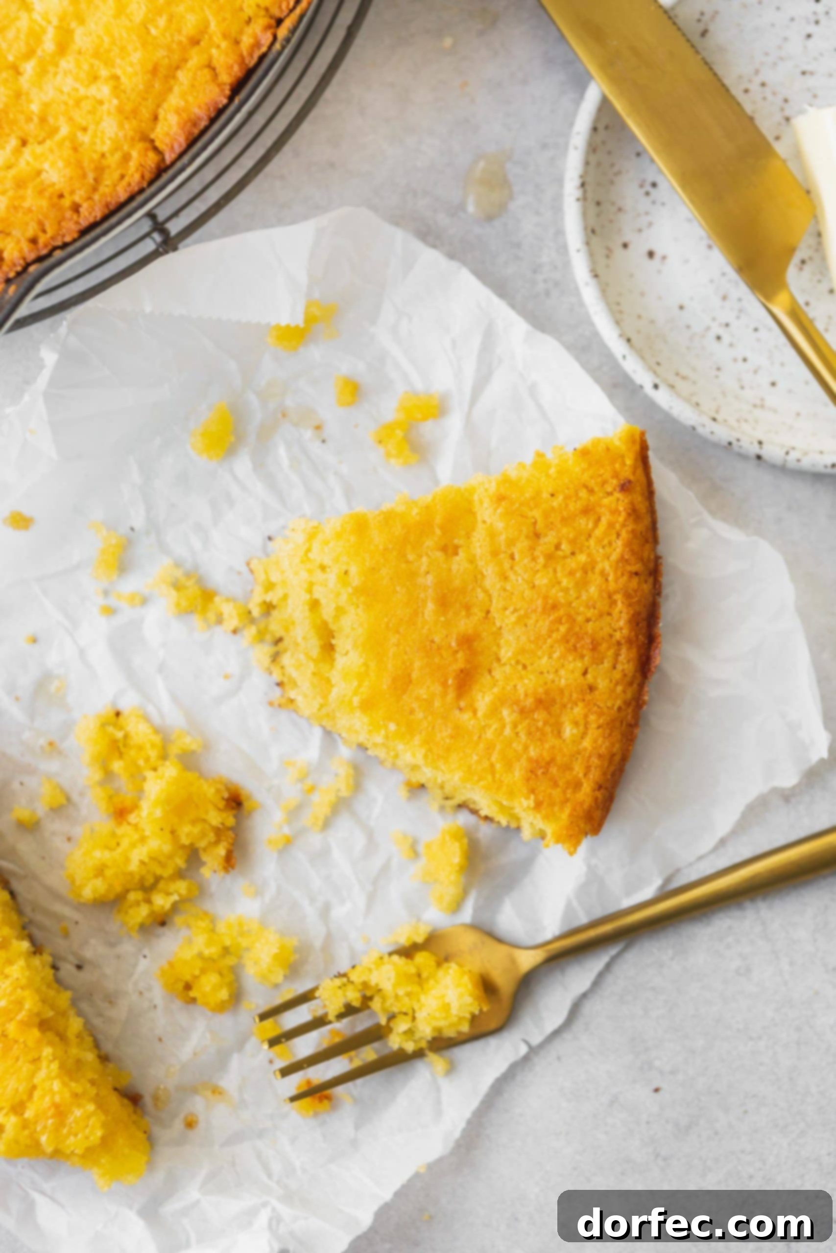Cast Iron Cornbread Perfection 6 A partially eaten piece of cornbread with a fork resting beside it, highlighting its inviting texture.