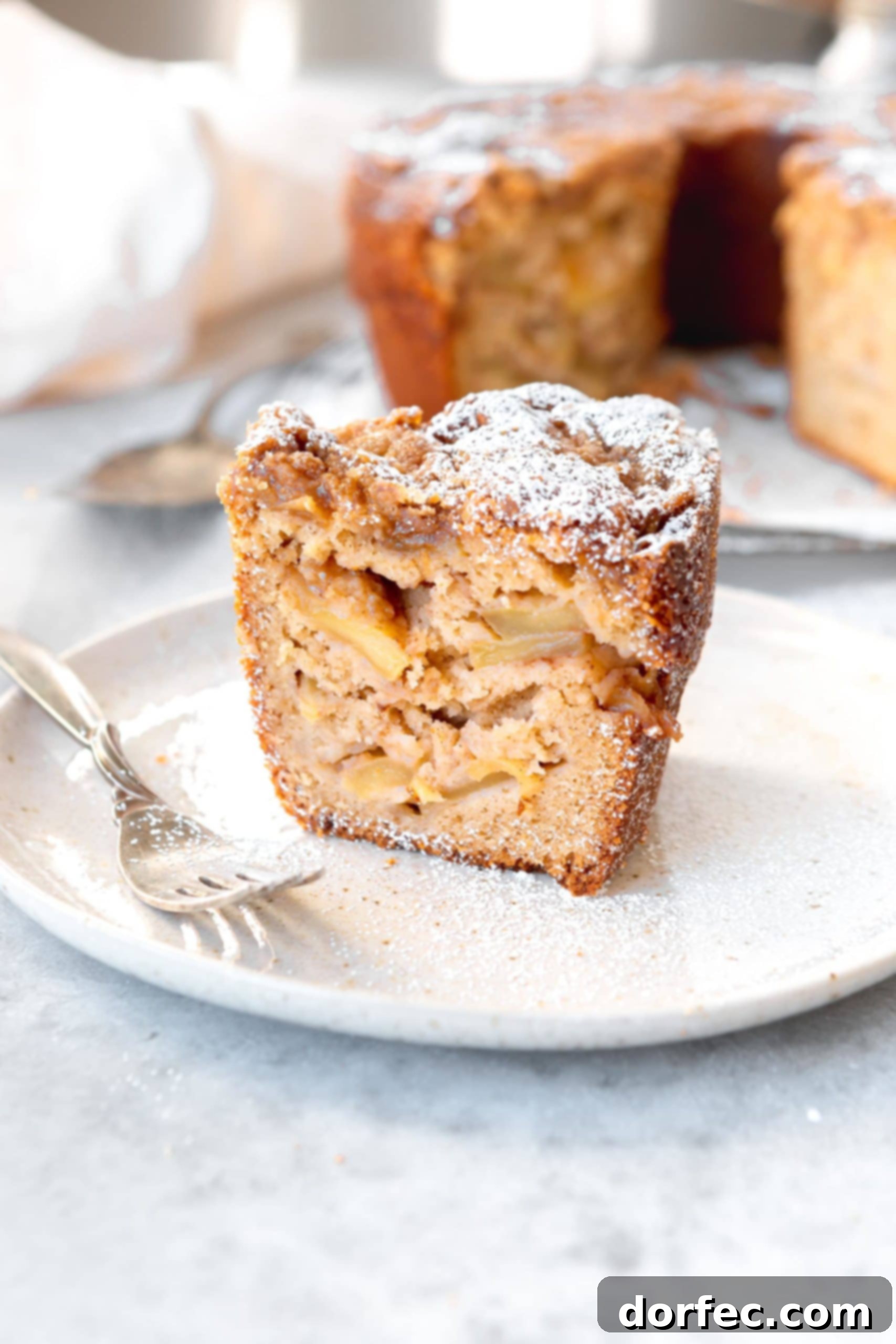 A slice of Jewish apple cake on a white dessert plate with a fork next to it. The cake is dense and filled with apple slices and there is powdered sugar on top.