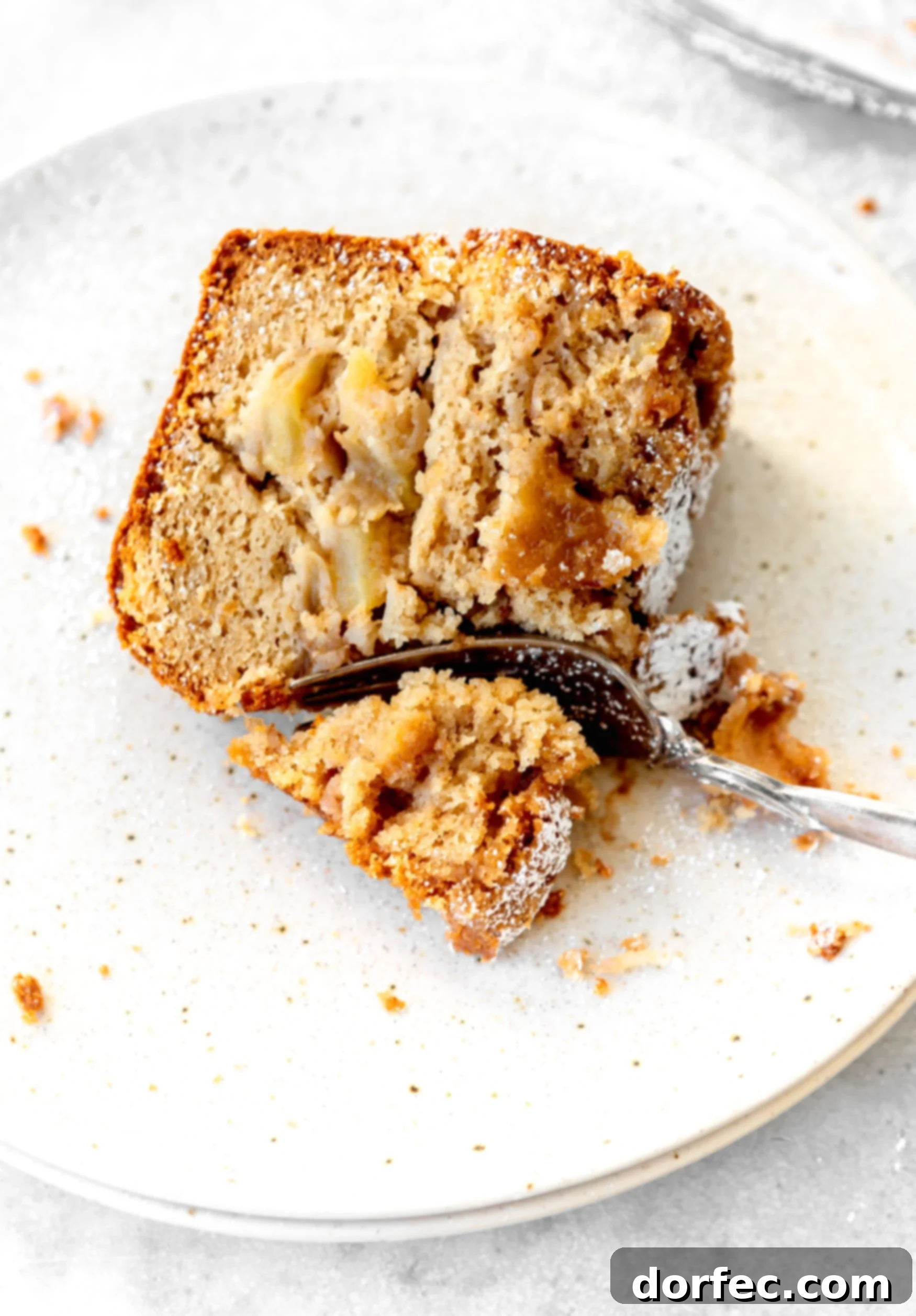 A slice of Jewish Apple cake on a white dessert plate. The cake is dense and moist with apple slices in it.