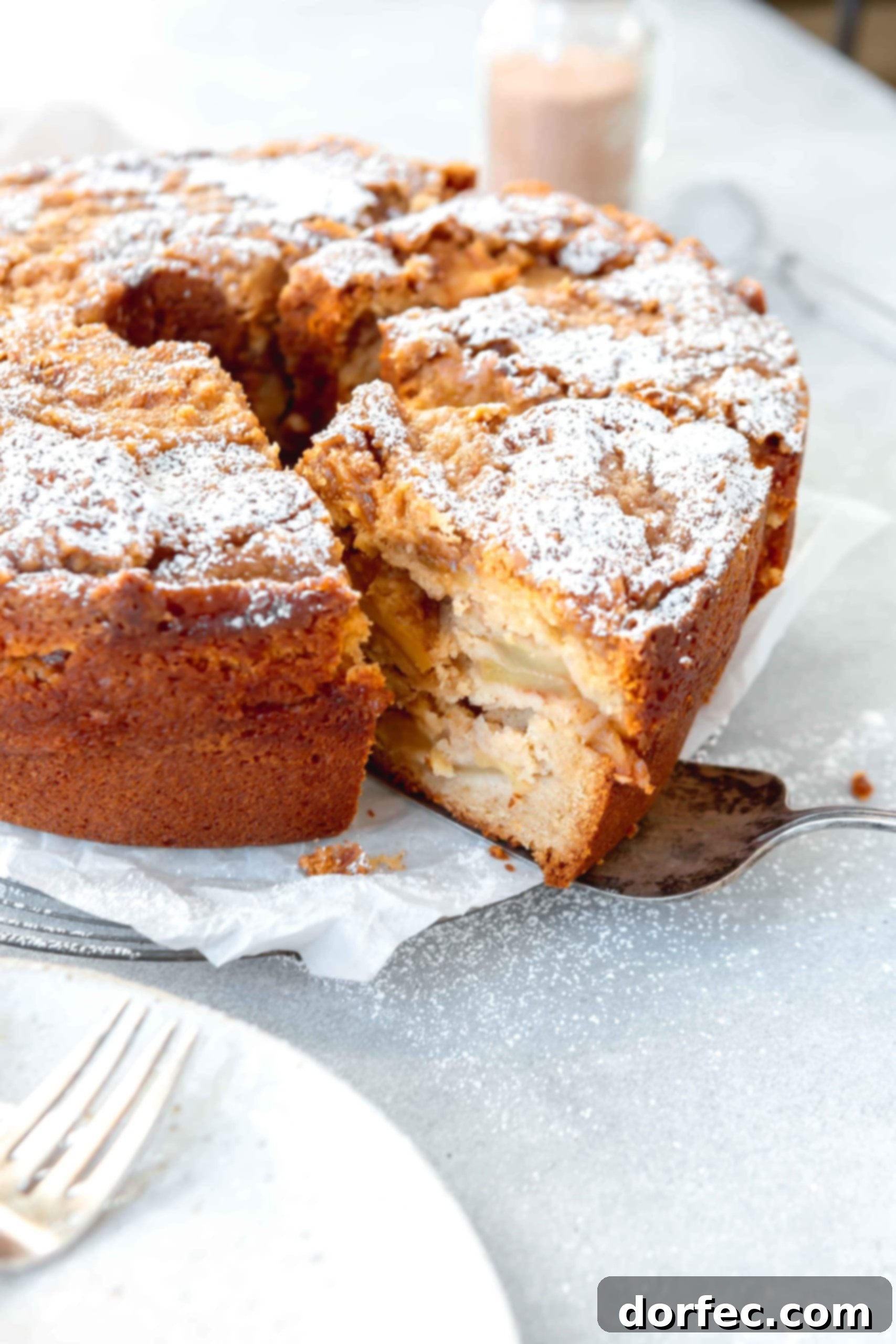 A Jewish apple cake with a couple of slices cut. You can see slices of apples and powdered sugar on top.