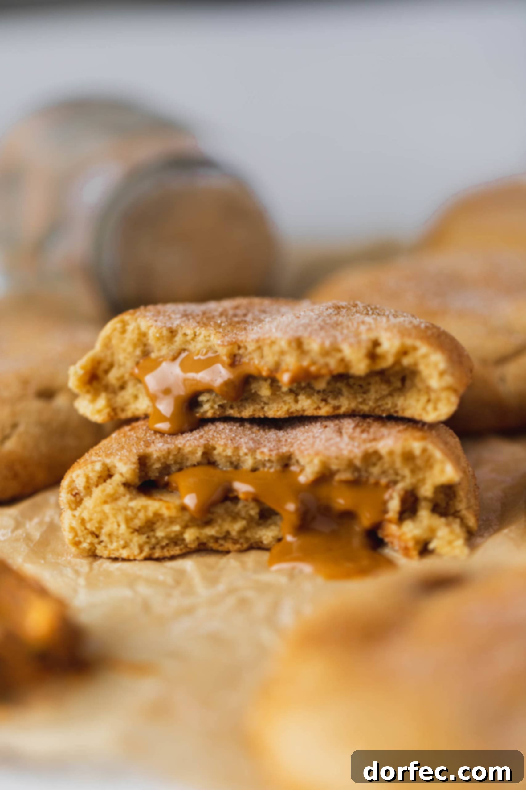 A biscoff stuffed snickerdoodle that is broken in half and the halves are stacked on top of each other. You can see the biscoff center.