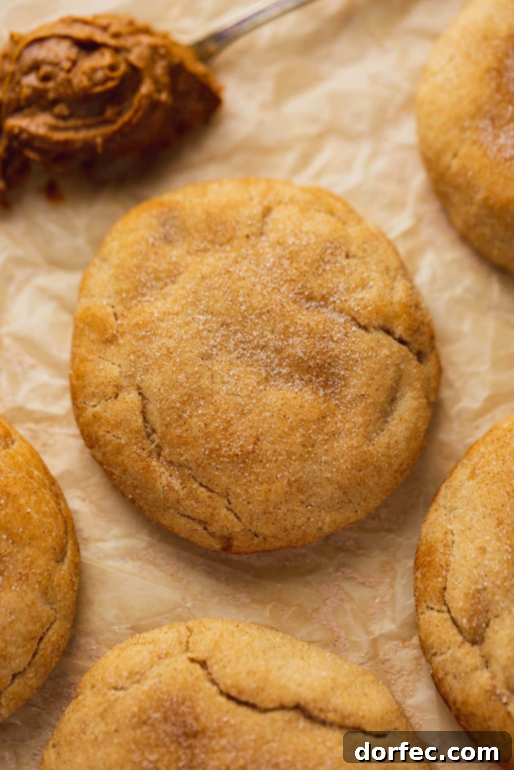 A baked biscoff stuffed snickerdoodle sprinkled with cinnamon sugar. There are other snickerdoodles around the cookie.