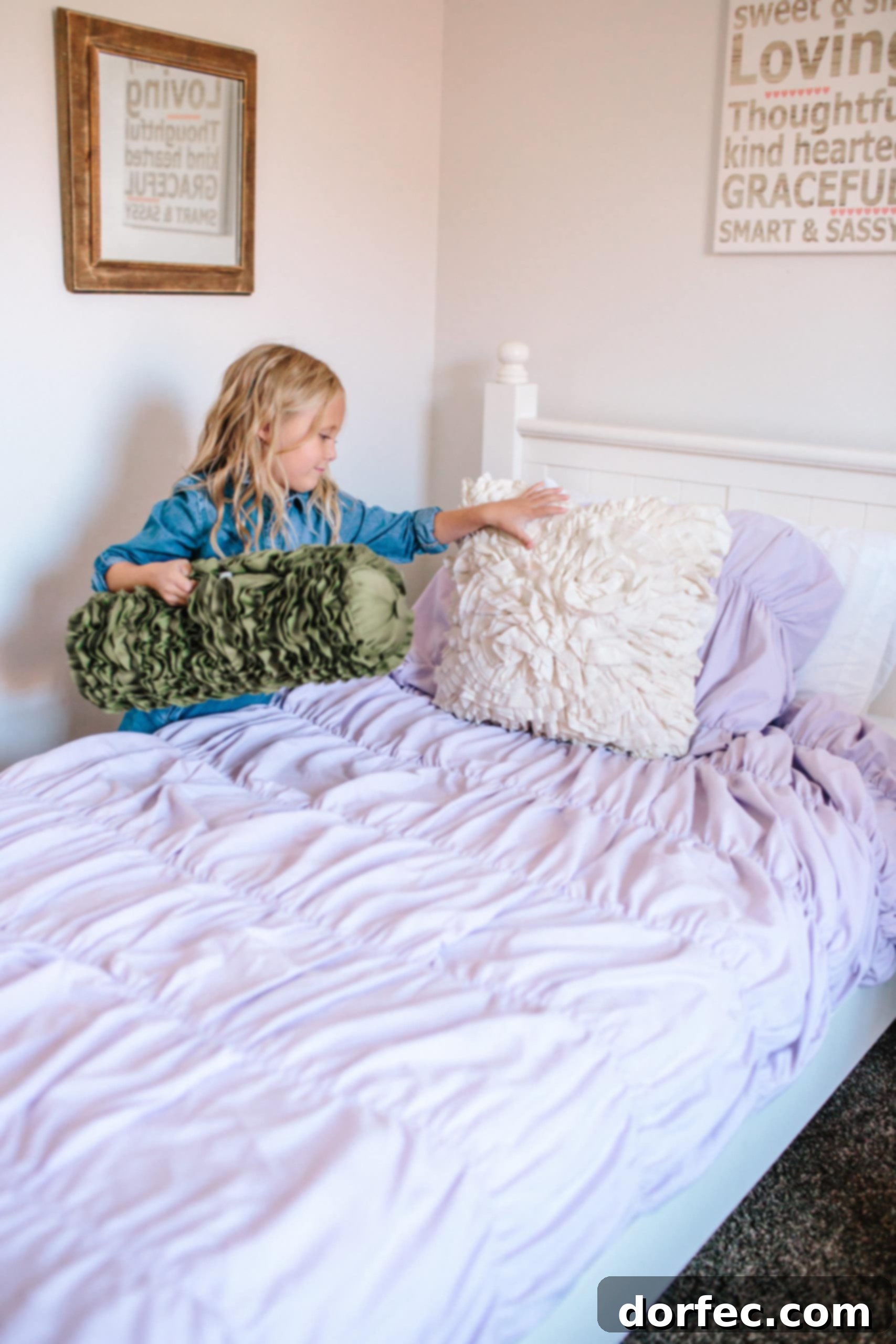 A young girl happily making her bed, illustrating the importance of daily habits in maintaining a clean home.