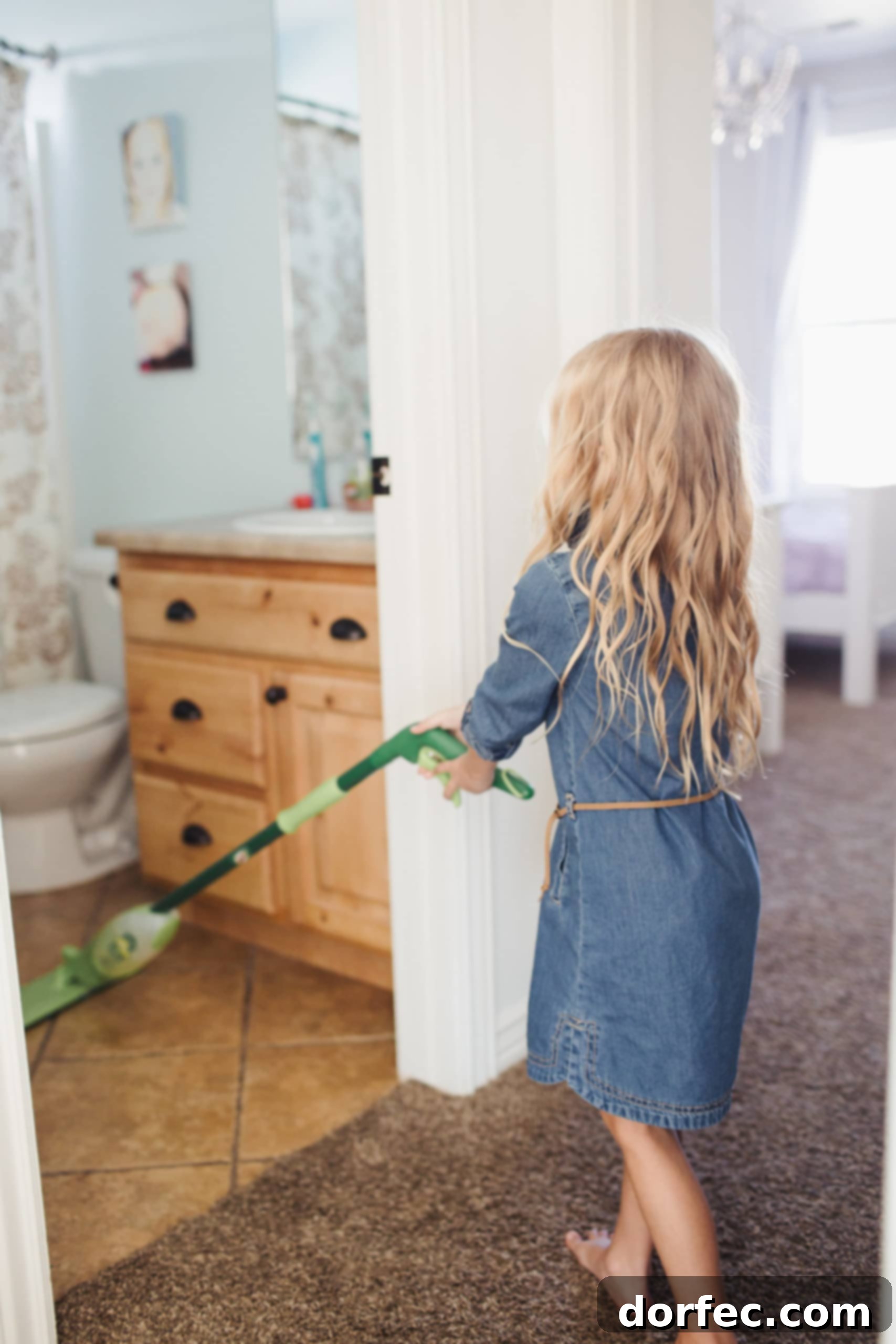 Children actively cleaning and tidying up their home, emphasizing family participation in chores.