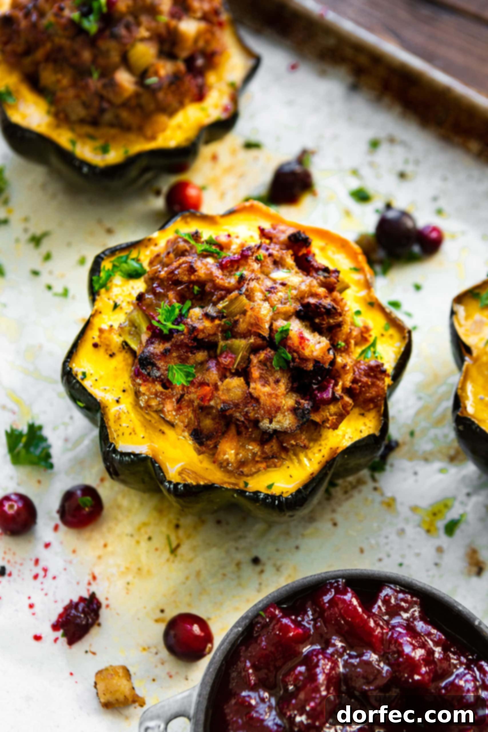 Leftover Thanksgiving Turkey and Stuffing Acorn Squash a photo of half of an acorn squash that is face up and has been cleaned out and stuffed with turkey, stuffing and cranberries.