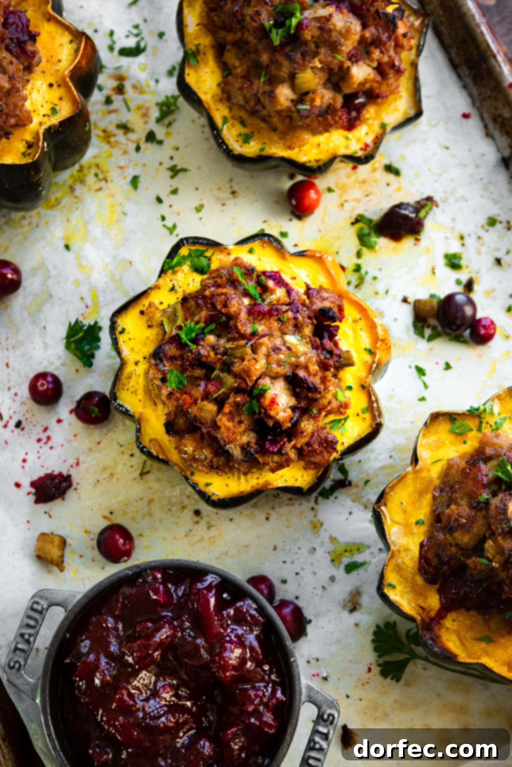 Leftover Thanksgiving Turkey and Stuffing Acorn Squash a photo of several acorn squash halves face up on a baking sheet that have been stuffed with a mixture of turkey, stuffing and cranberries.