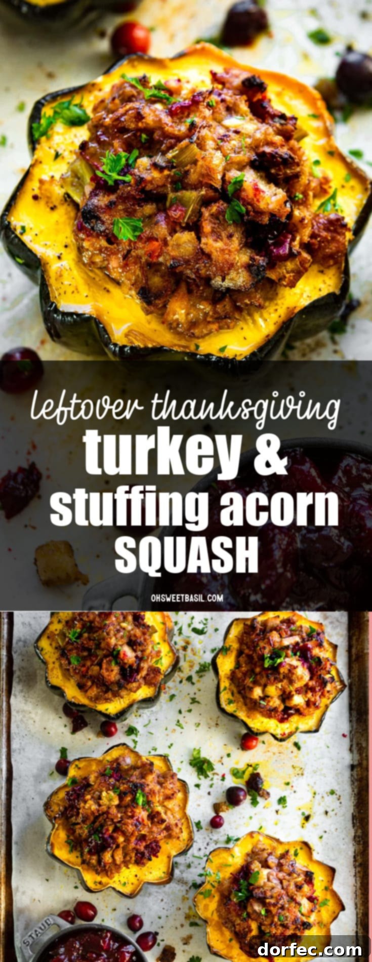 Thanksgiving Leftover Stuffed Acorn Squash 3 a photo of several acorn squash halves face up on a baking sheet that have been stuffed with a mixture of turkey, stuffing and cranberries.